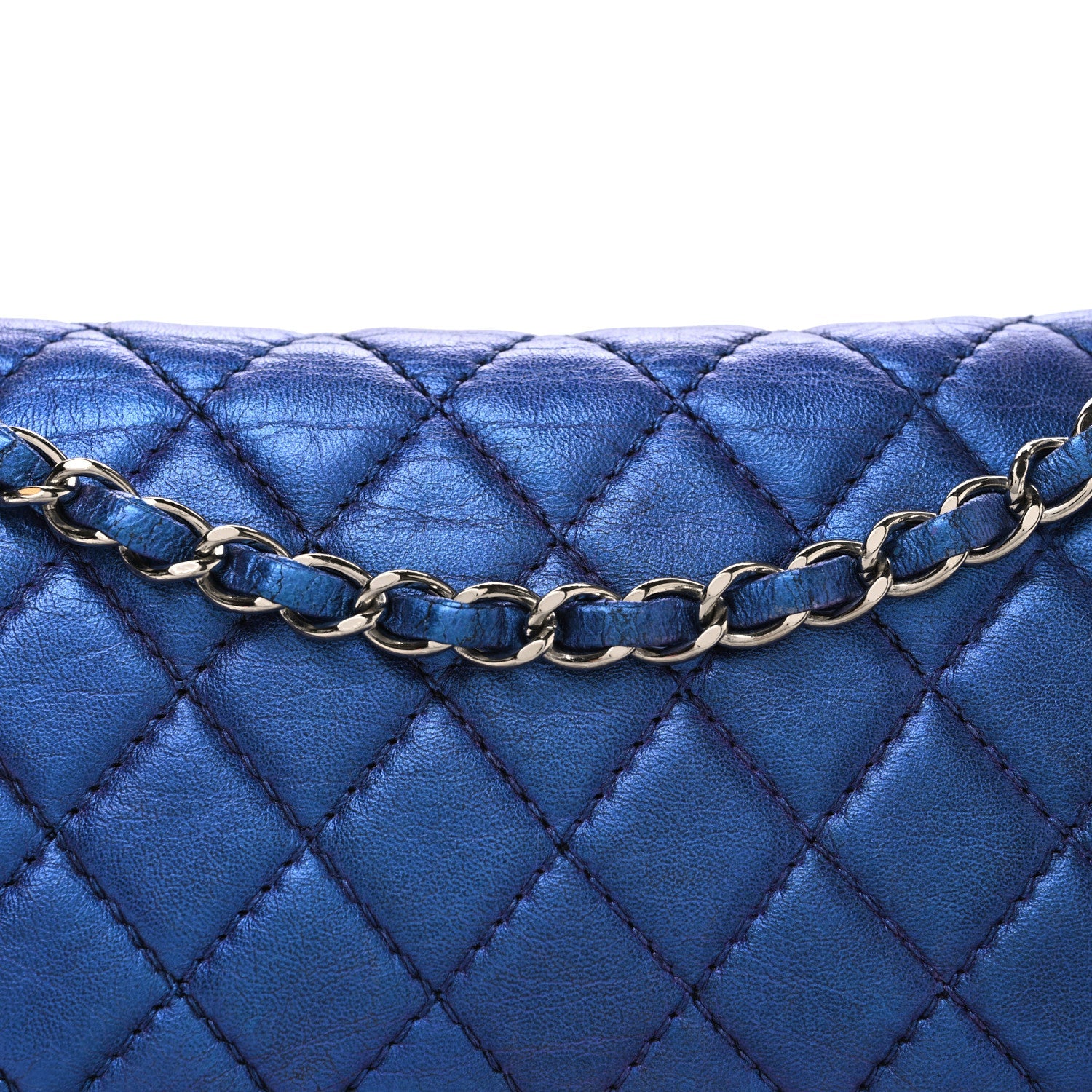 Metallic Lambskin Quilted Medium Double Flap Turquoise