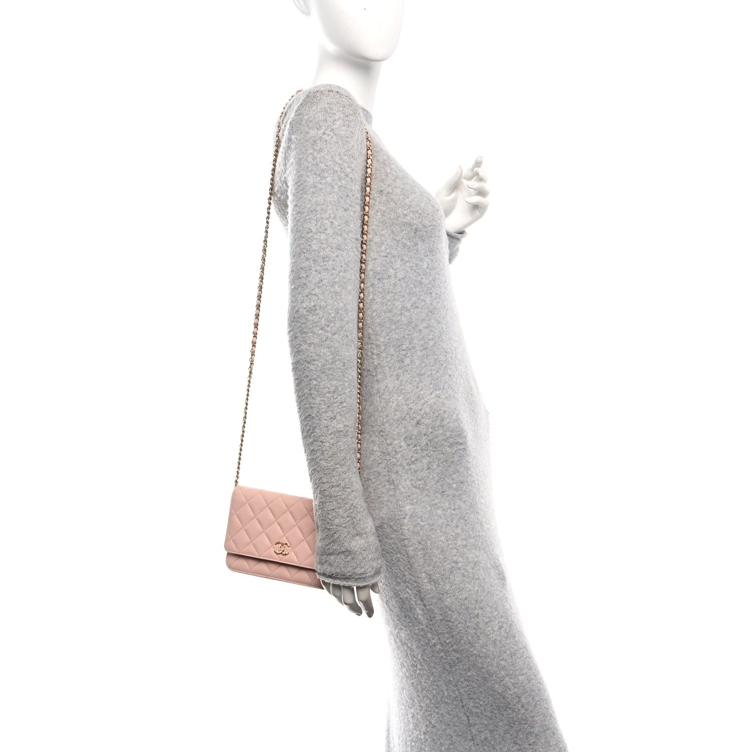 Grained Calfskin Quilted Strass CC Wallet On Chain WOC Light Pink