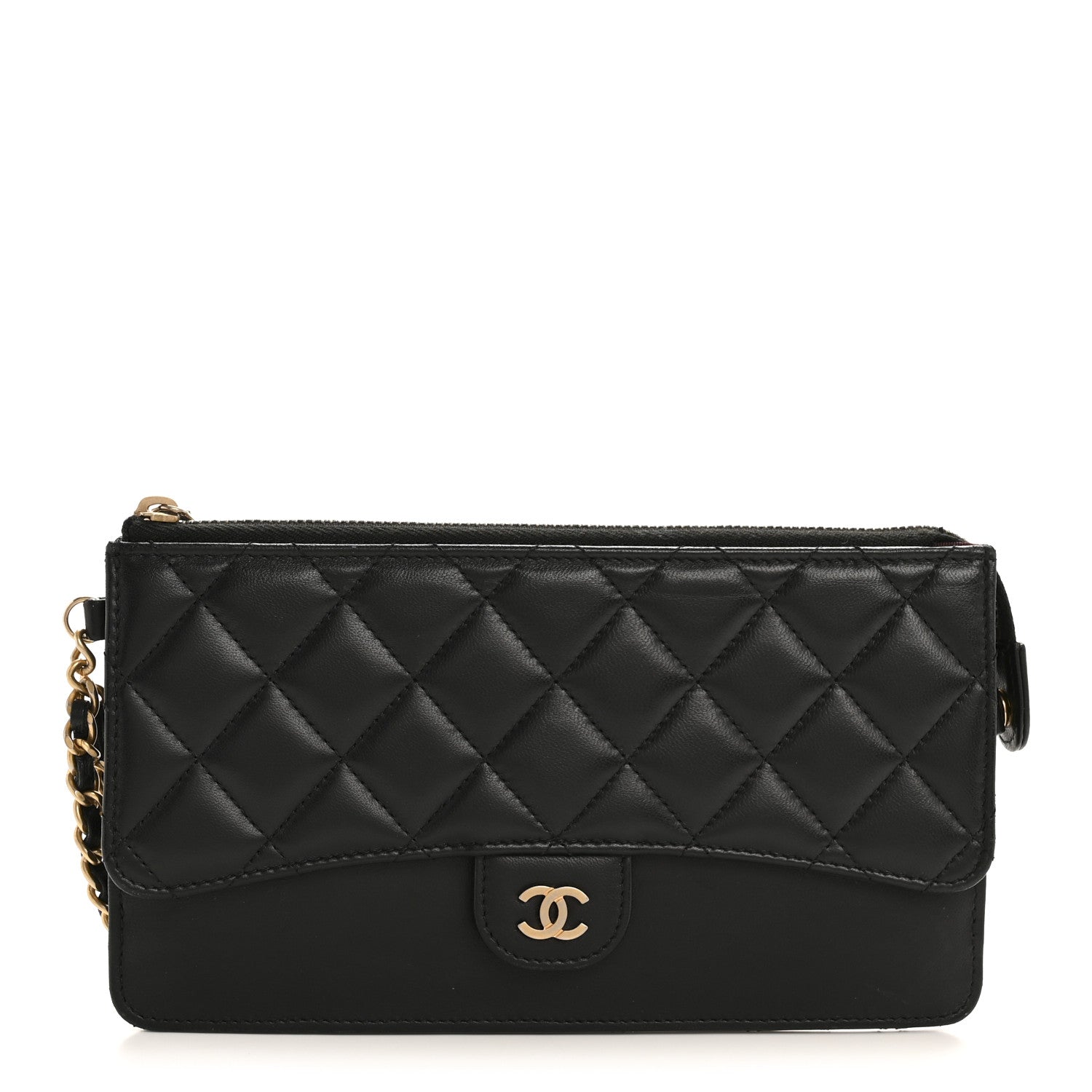 Lambskin Quilted Classic Pouch With Handle Black