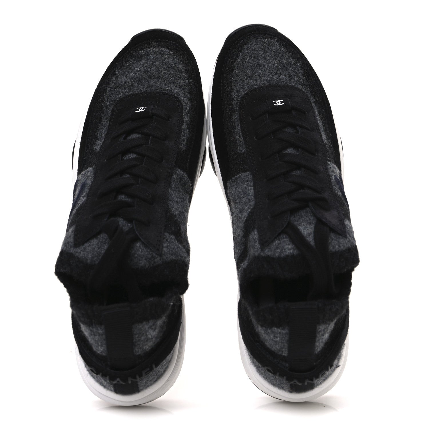 Knit Fabric Suede Calfskin Womens CC Sneakers 39 Black Grey