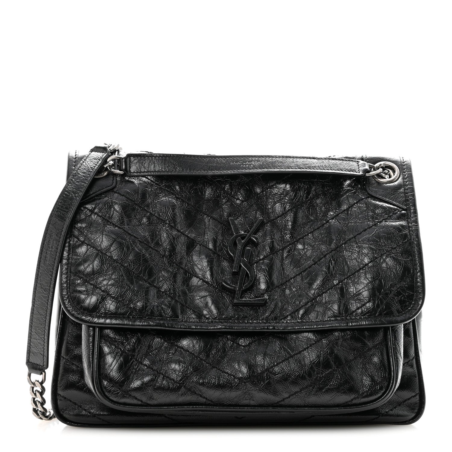 Crinkled Calfskin Matelasse Monogram Medium Niki Chain Satchel Black