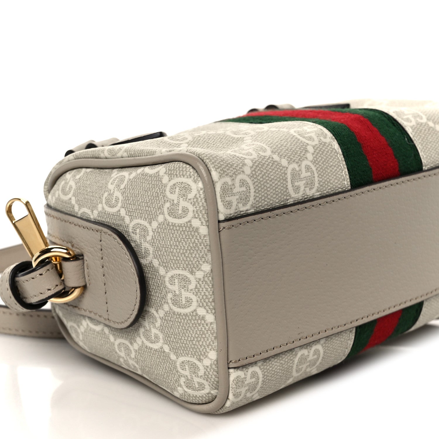 GG Supreme Monogram Textured Dollar Calfskin Web Super Mini Ophidia Top Handle Bowler Bag Beige Mystic White Oatmeal