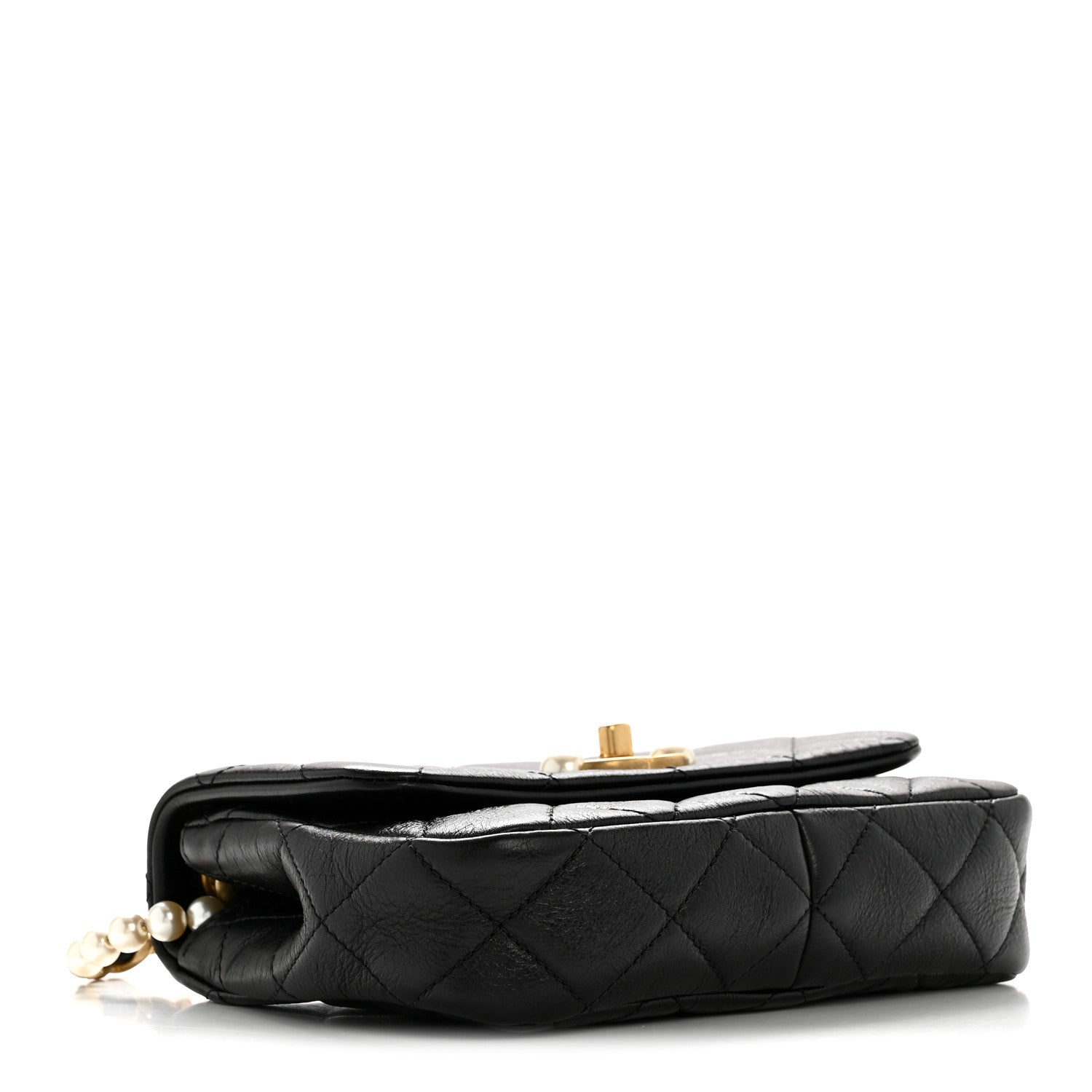 Glazed Calfskin Quilted Mini Pearl Side Flap Black