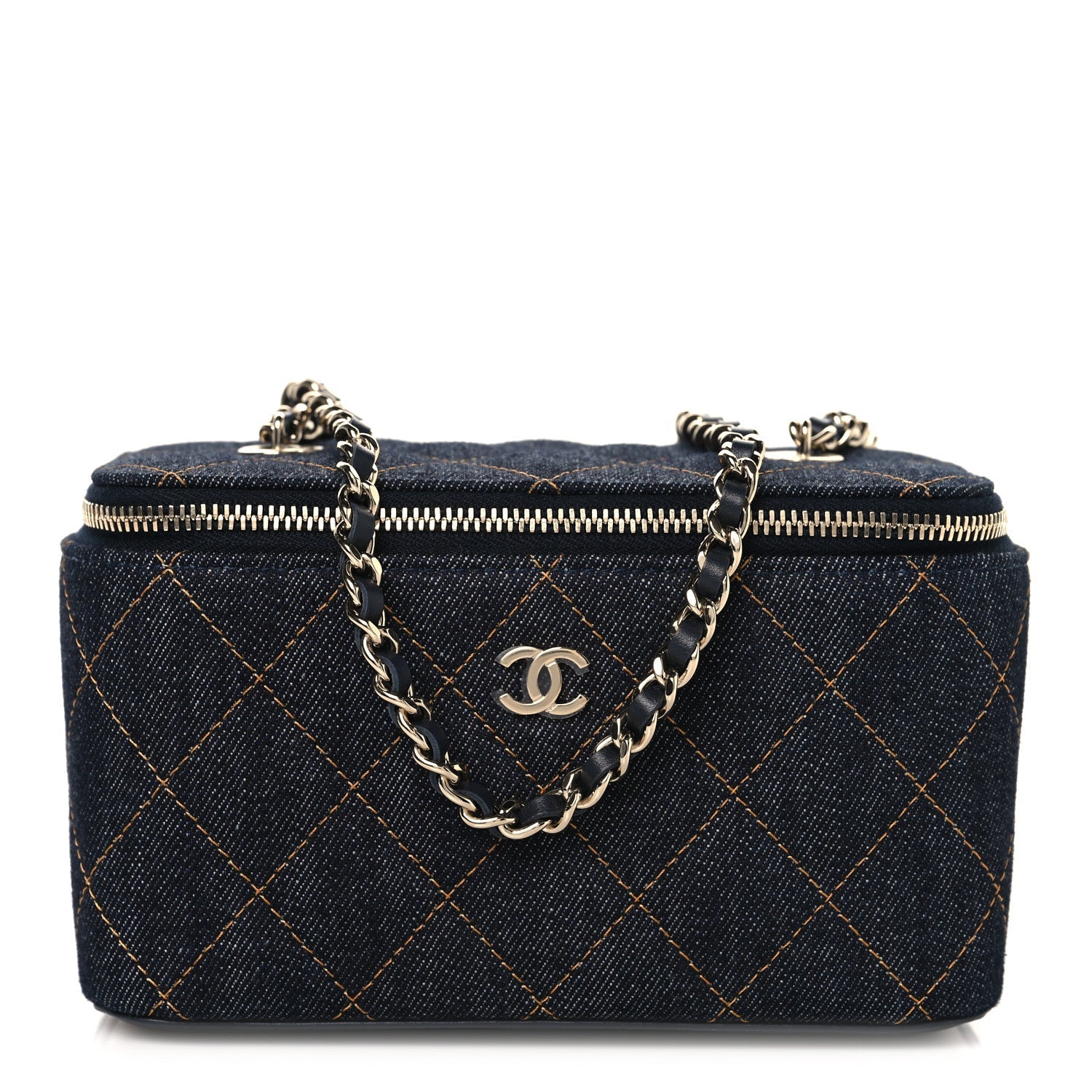 Denim Quilted Vanity Case With Chain Dark Blue