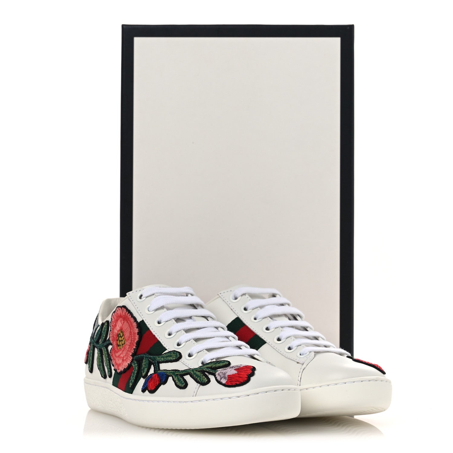 Calfskin Web Floral Embroidered Womens Ace Sneakers 35 White