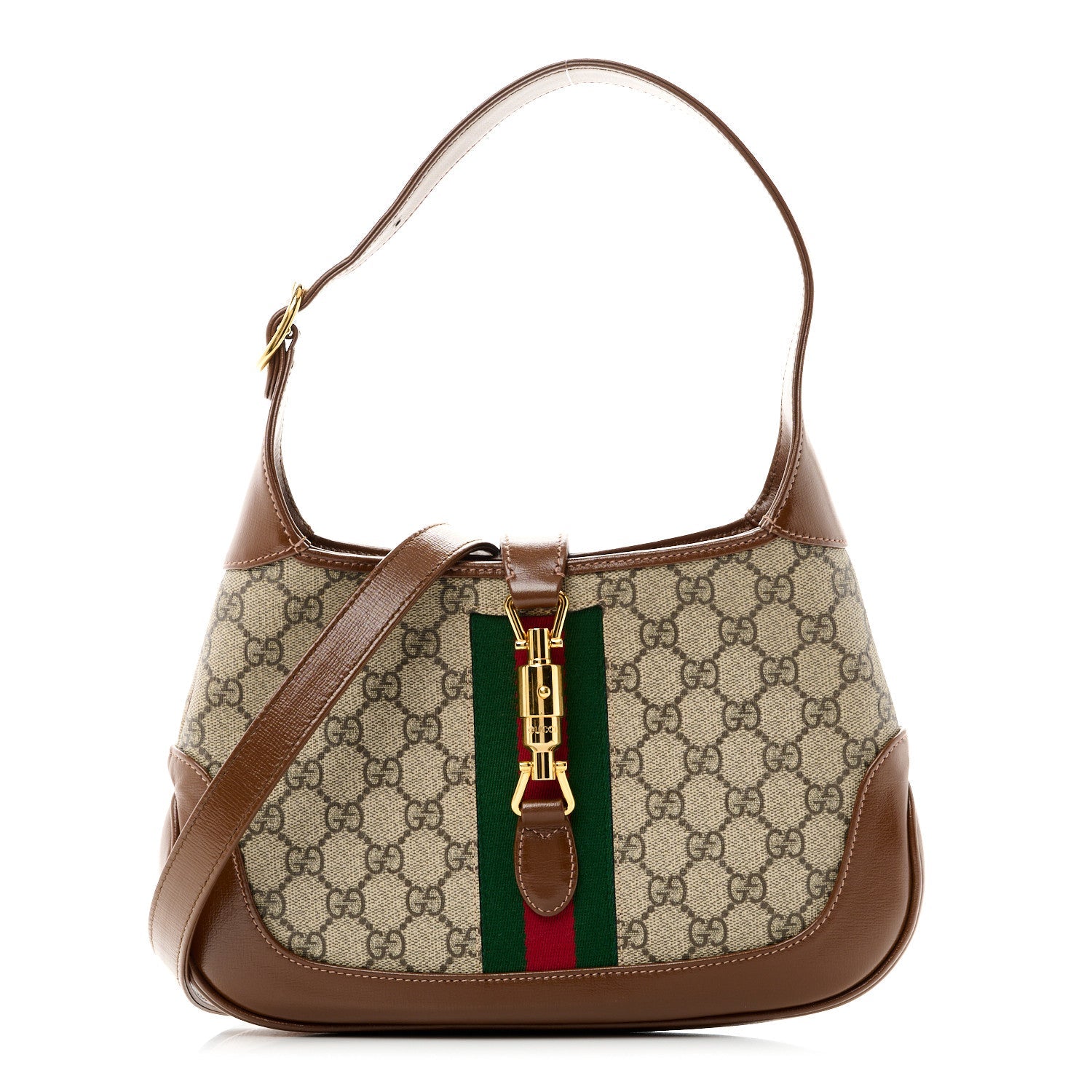 GG Supreme Monogram Azalea Calfskin Web Small Jackie 1961 Hobo Beige Ebony Brown Sugar