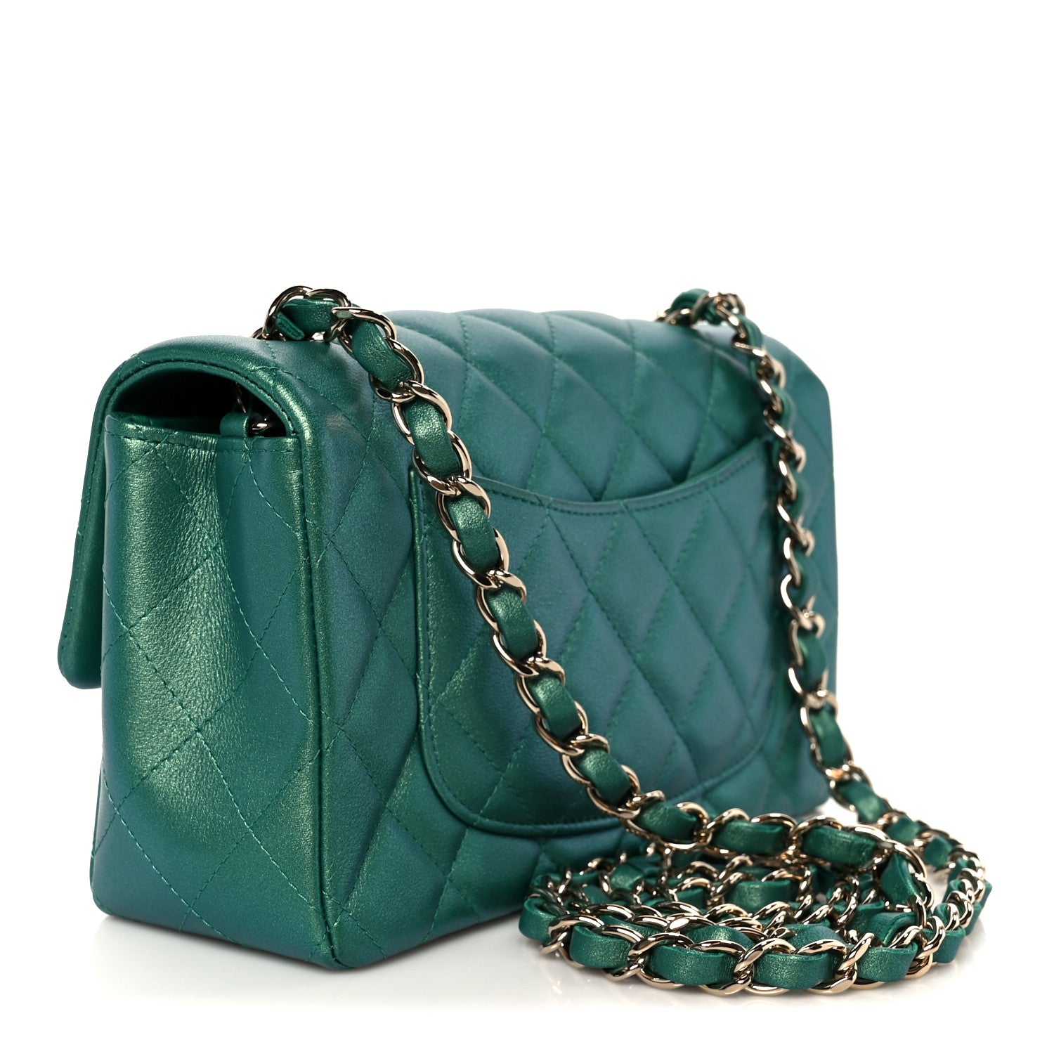 Iridescent Lambskin Quilted Mini Rectangular Flap Green
