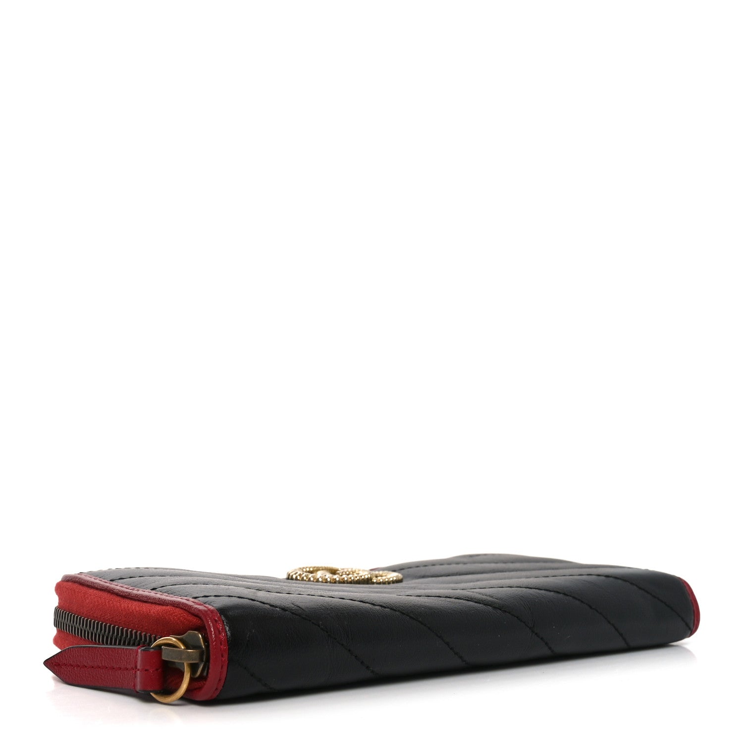 Vintage Effect Calfskin Matelasse Diagonal Torchon GG Marmont Zip Around Wallet Black Romantic Cherry