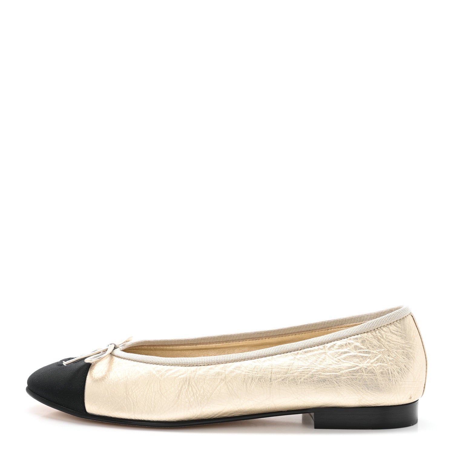 Metallic Laminated Lambskin Grosgrain CC Cap Toe Ballerina Flats 39 Light Gold Black