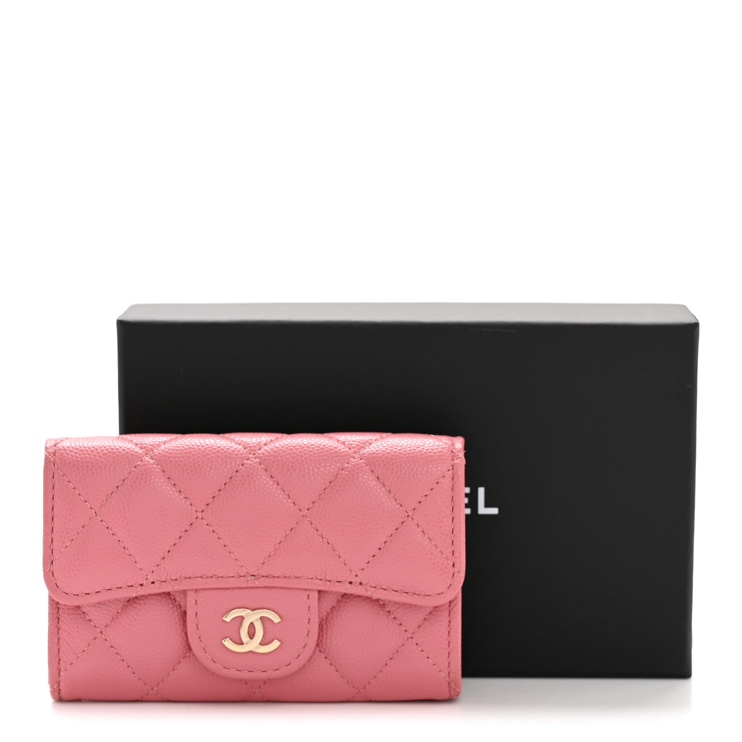 Caviar Quilted Flap Card Holder Wallet Pink