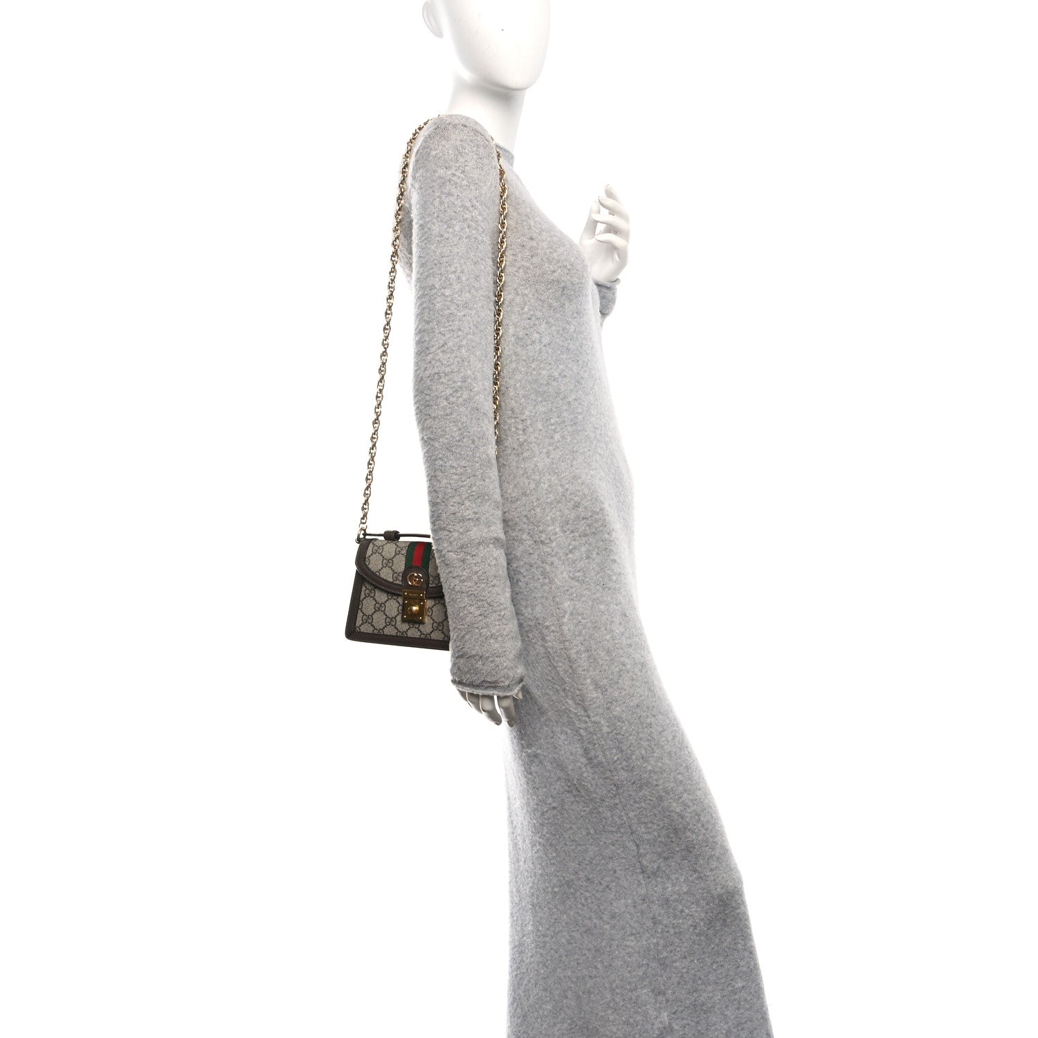 GG Supreme Monogram Textured Dollar Calfskin Web Mini Ophidia Padlock Top Handle Chain Shoulder Bag Beige Ebony New Acero
