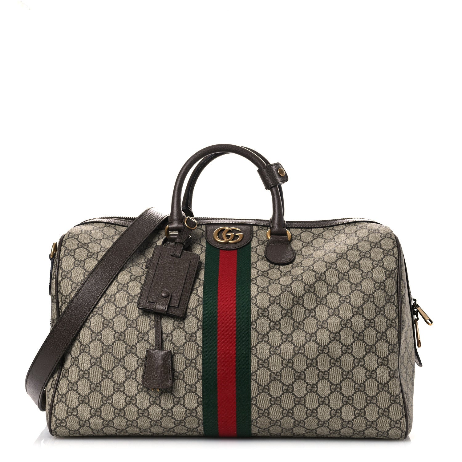 GG Supreme Monogram Textured Dollar Calfskin Web Medium Savoy Duffle Bag Beige Dark Brown