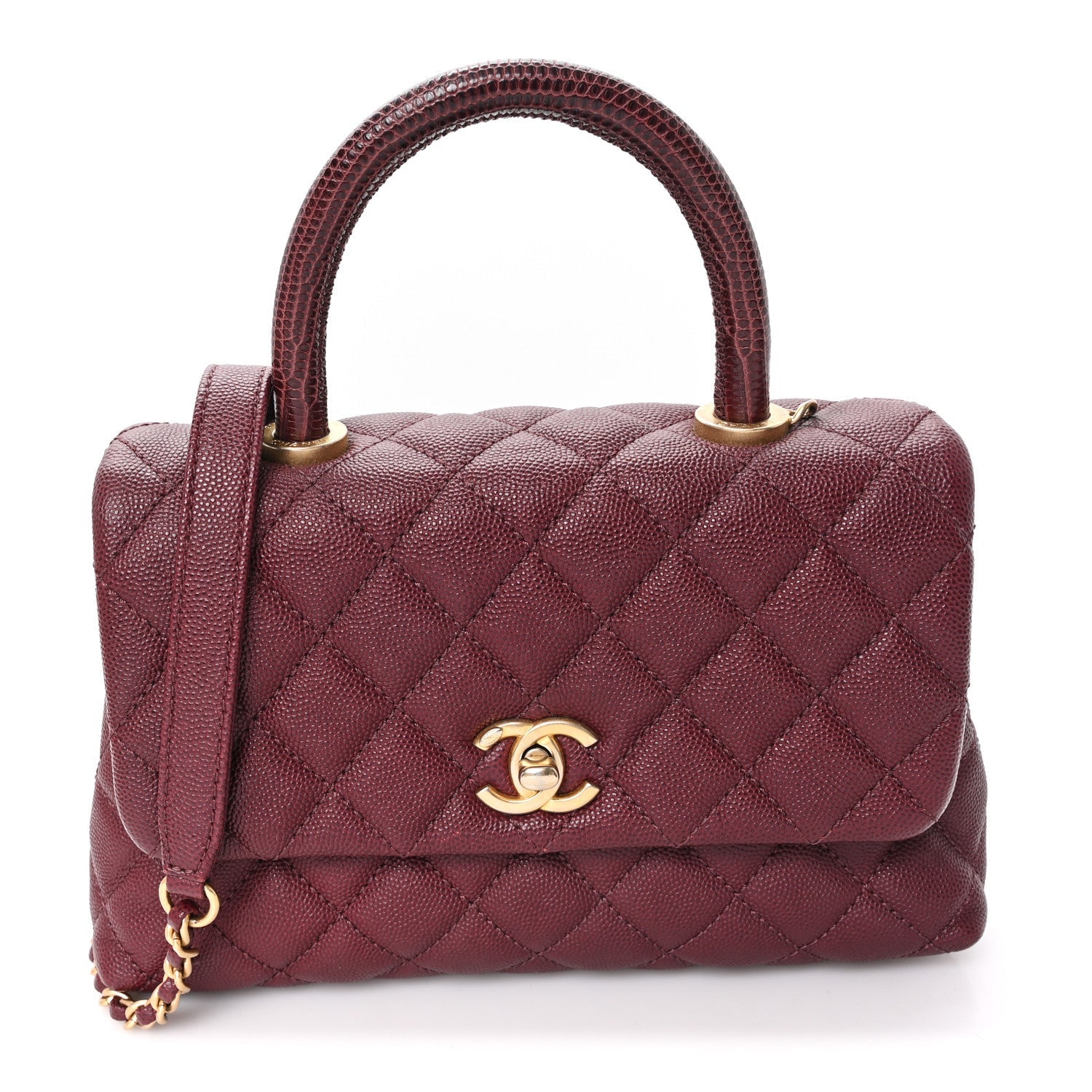 Caviar Lizard Embossed Quilted Mini Coco Handle Flap Burgundy