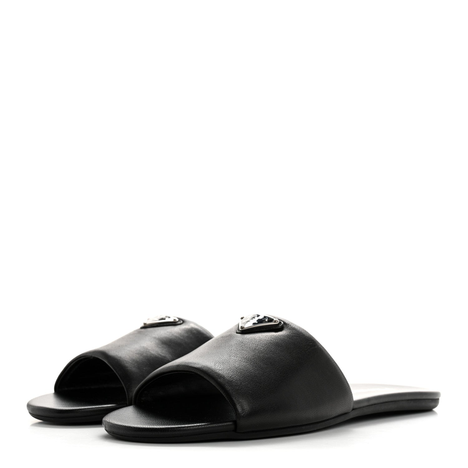 Soft Nappa Metal Triangle Logo Slide Sandals 39 Black