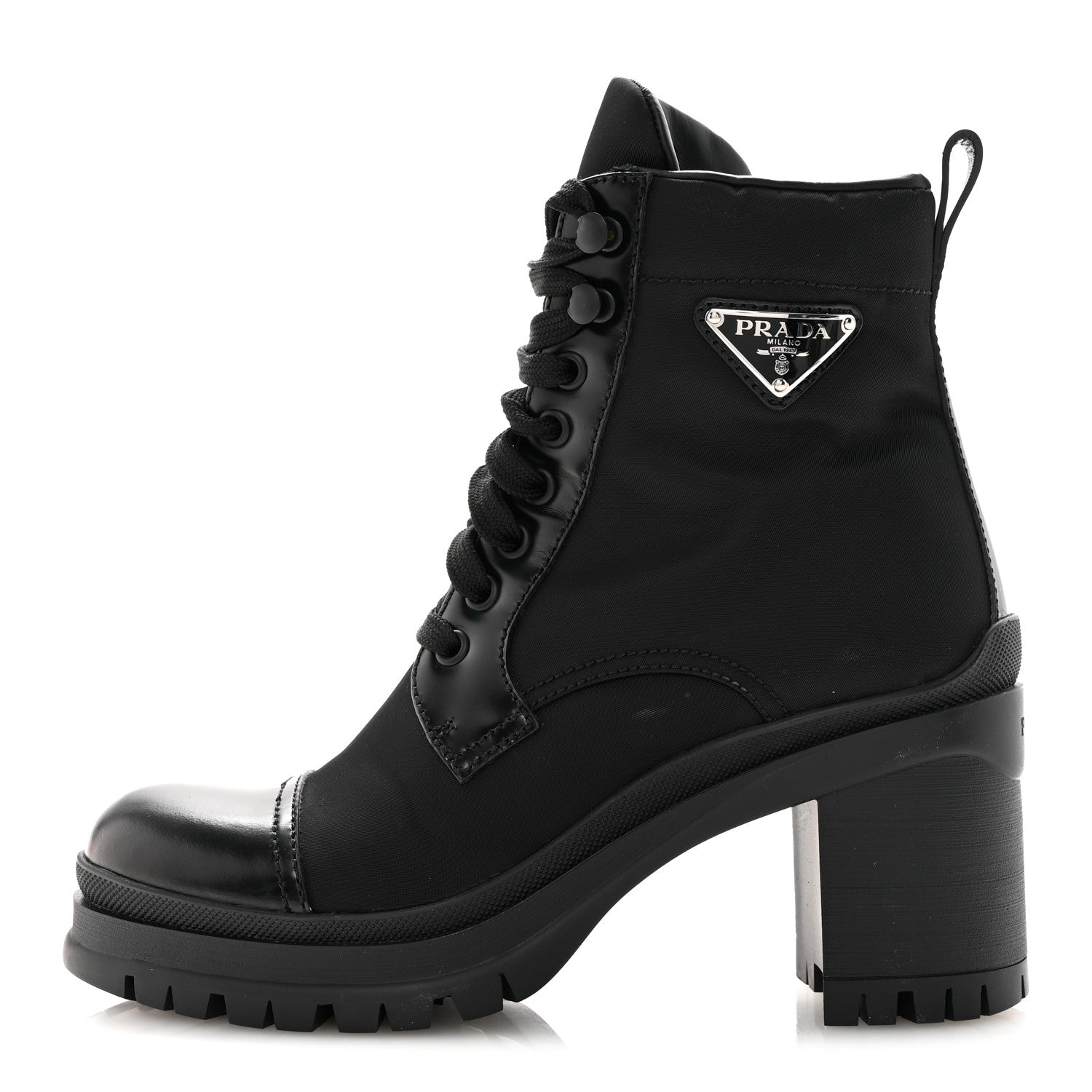 Spazzolato Re-Nylon Metal Triangle Logo Lace Up 85mm Ankle Boots 39 Black