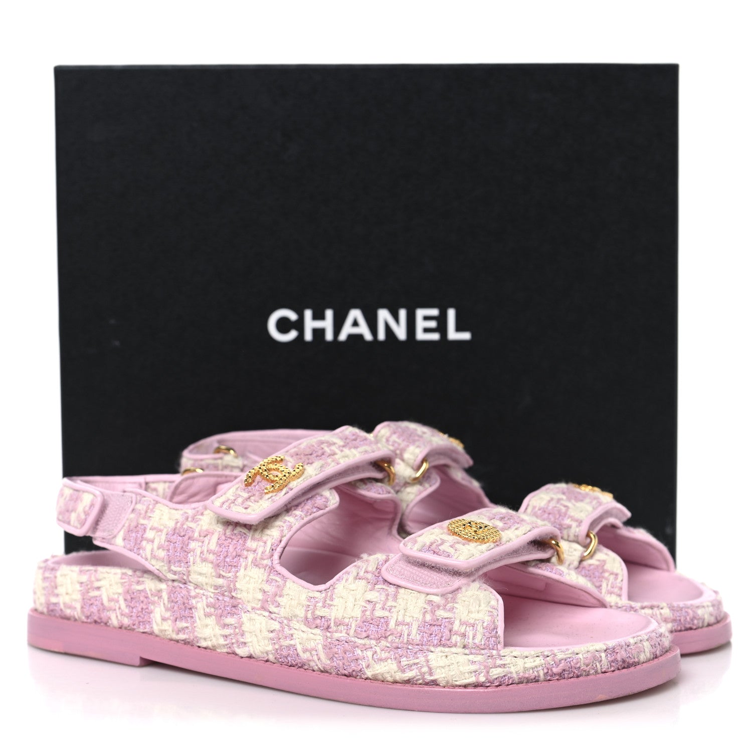 Cotton Tweed Velcro Dad Sandals 38 Pink Ecru
