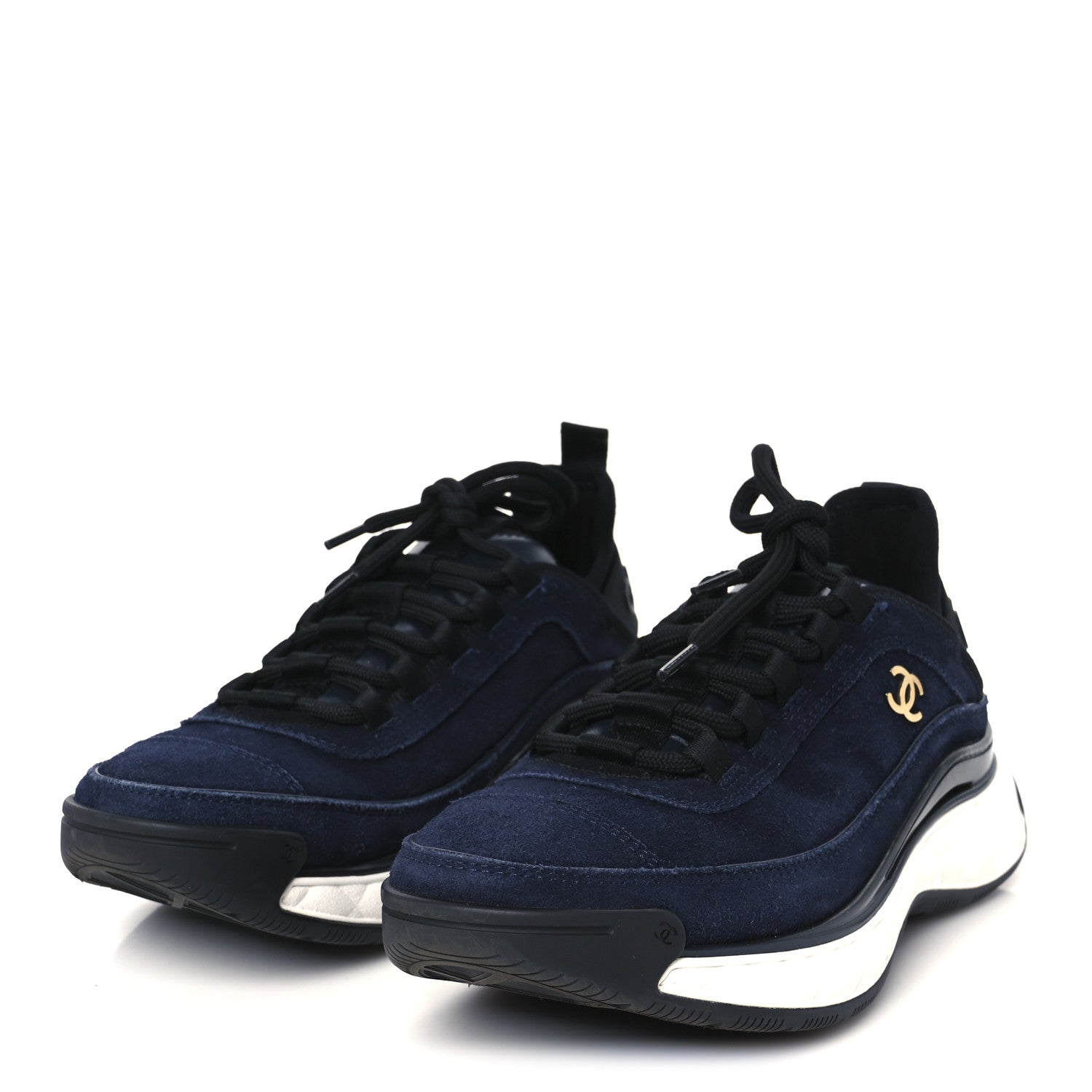 Suede Calfskin Nylon Grosgrain CC Sneakers 38  Navy Blue