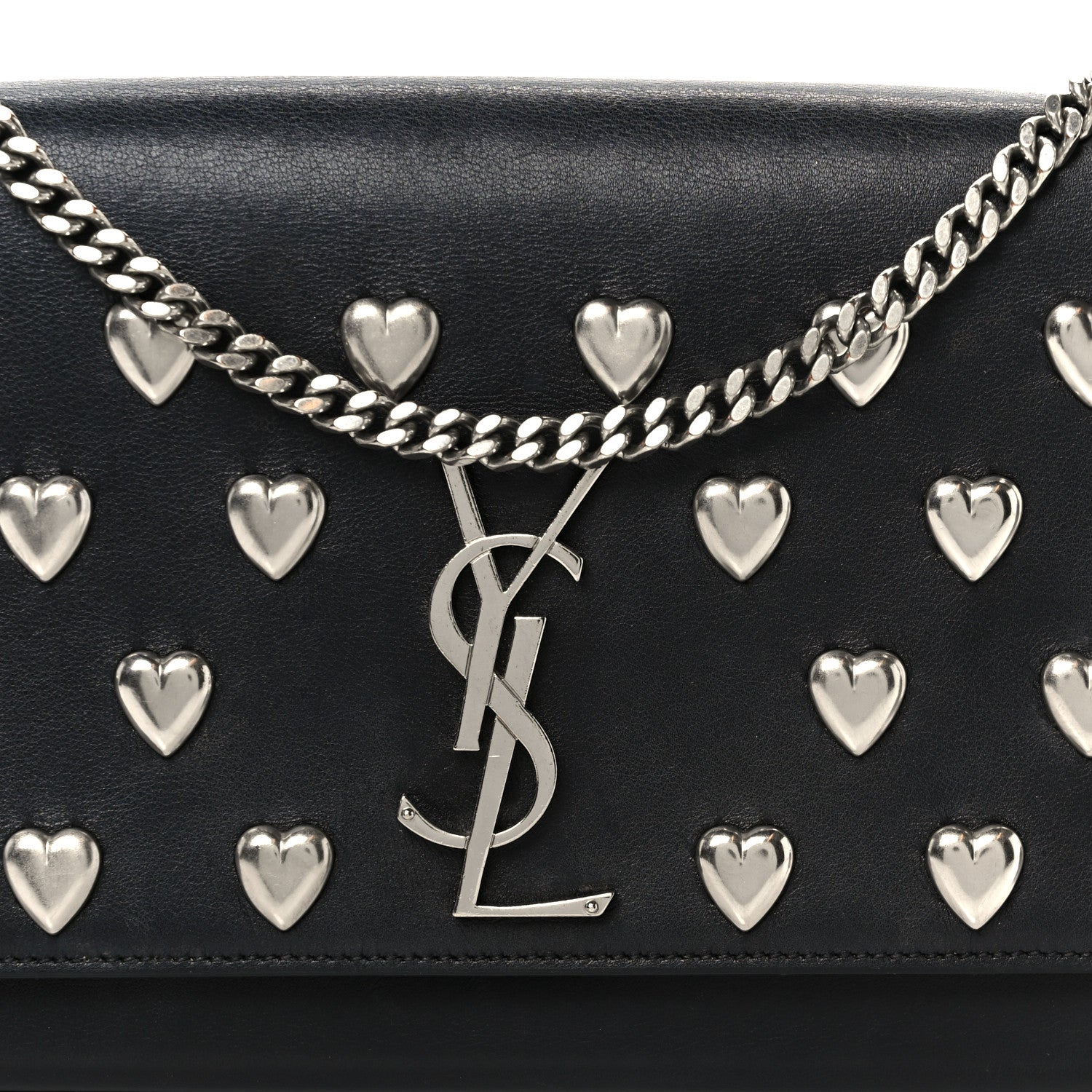 Calfskin Heart Studded Monogram Chain Wallet Black