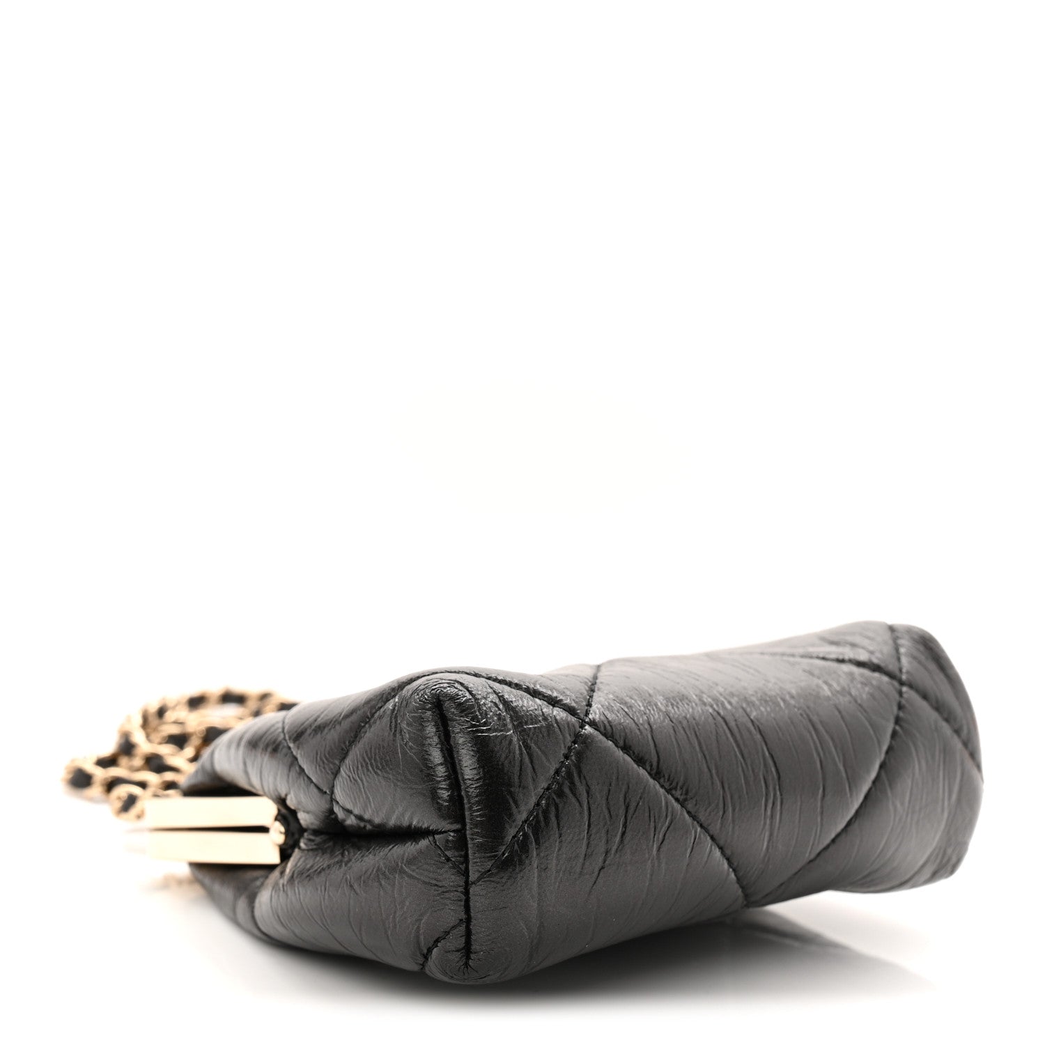Shiny Aged Lambskin Quilted Kiss Lock Clutch With Chain Black