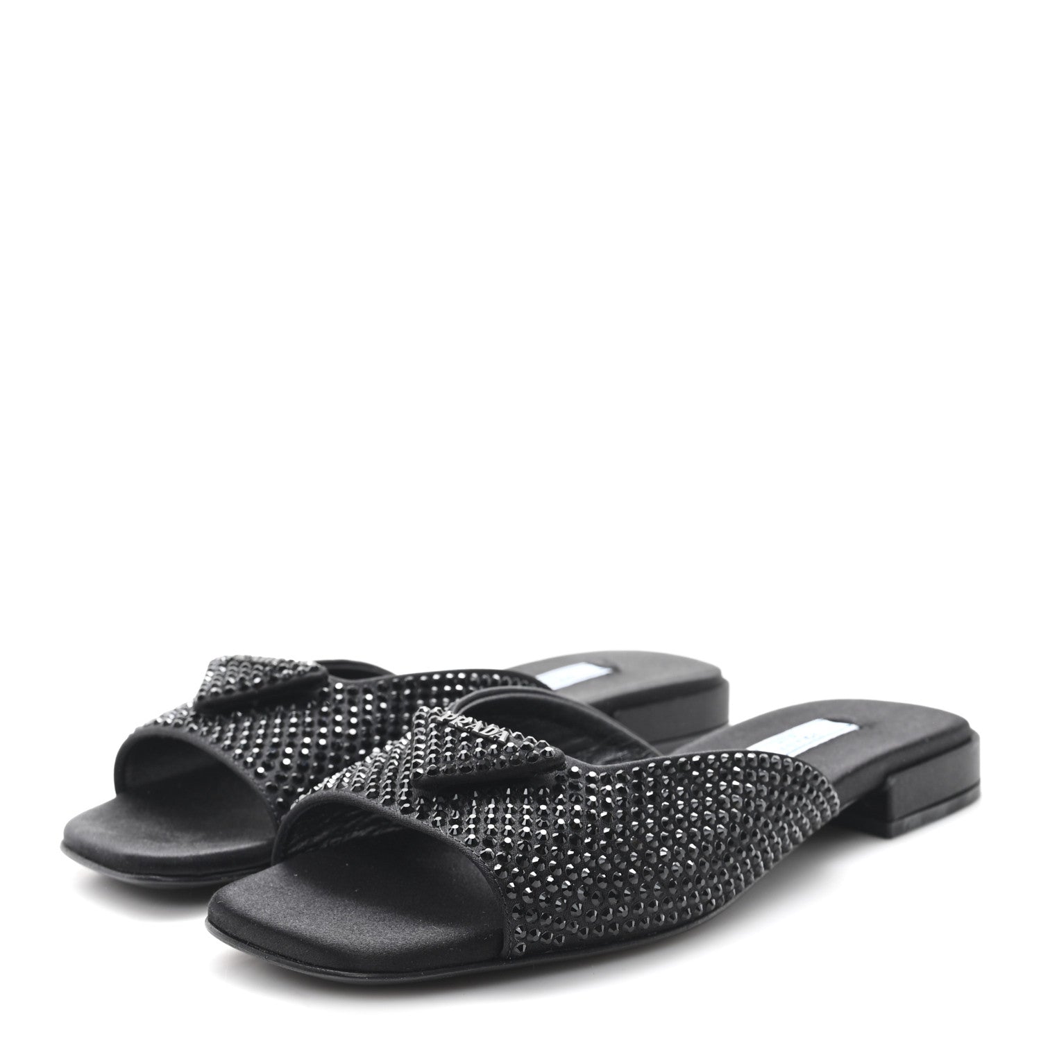 Satin Crystal Logo 10mm Slide Sandals  35 Black