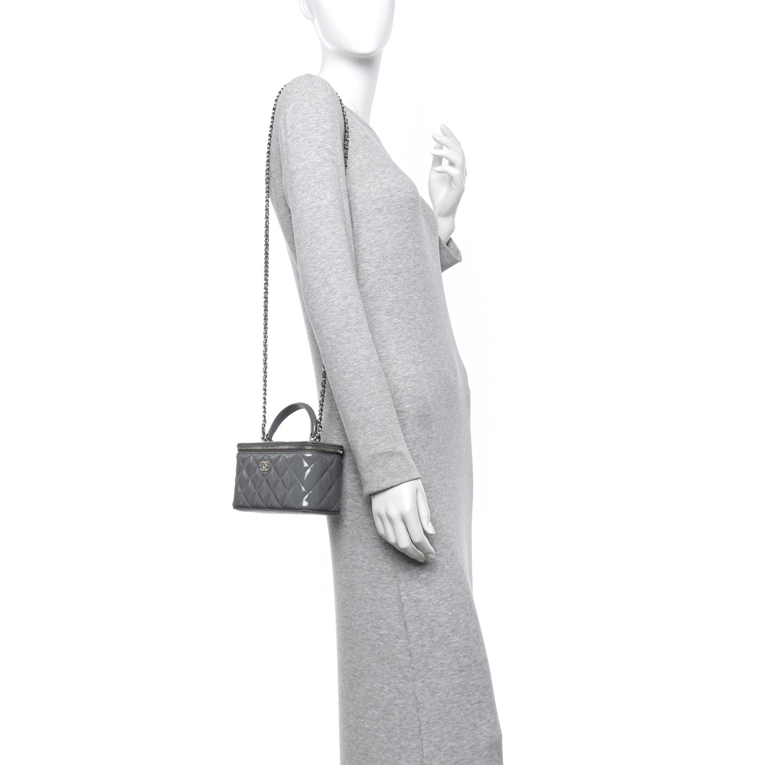 Patent Quilted Quilted Small Top Handle Vanity Case With Chain Grey