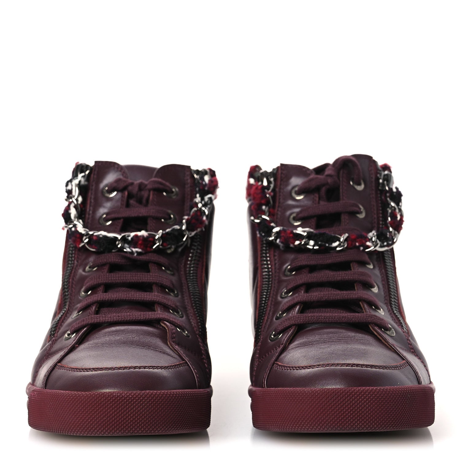 Lambskin Zipped Chain CC Sneakers 38.5 Burgundy