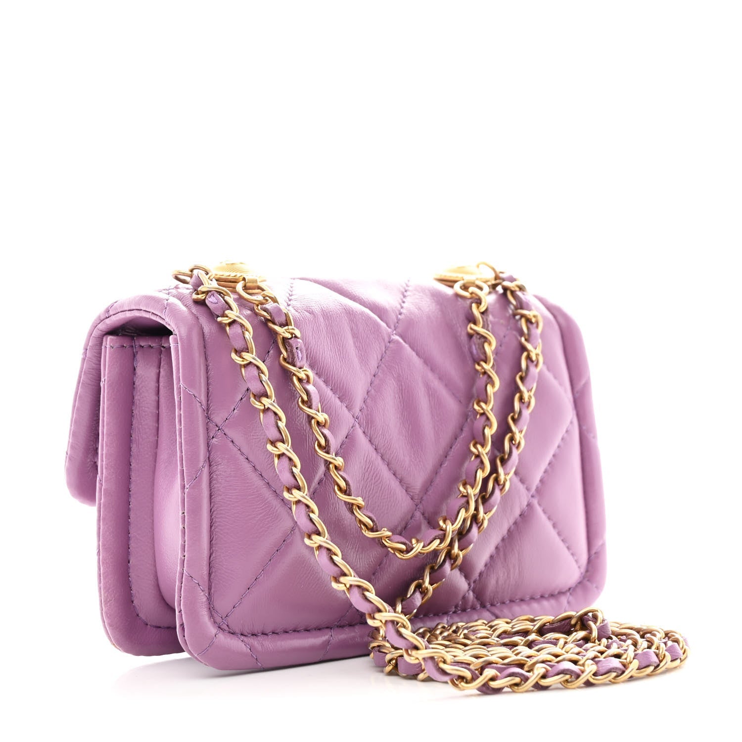 Shiny Lambskin Quilted Extra Mini Flap Purple