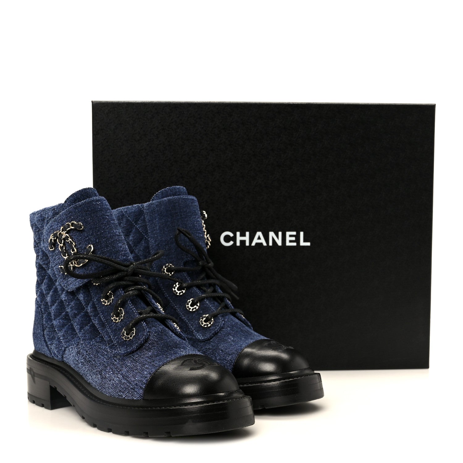 Shiny Calfskin Velvet Quilted Lace Up Combat Boots 37 Blue