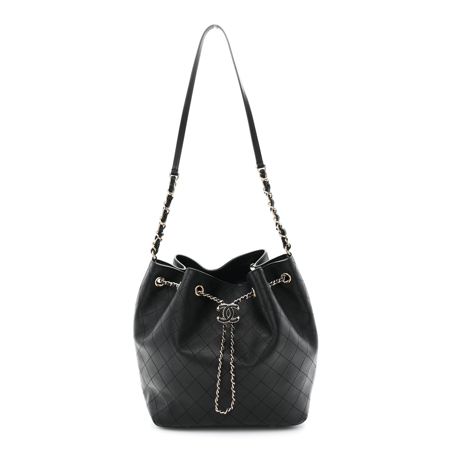 Calfskin Stitched Drawstring Bag Black