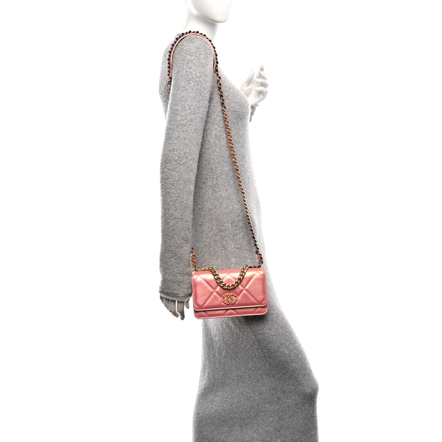 Iridescent Calfskin Quilted Chanel 19 Wallet On Chain WOC Pink