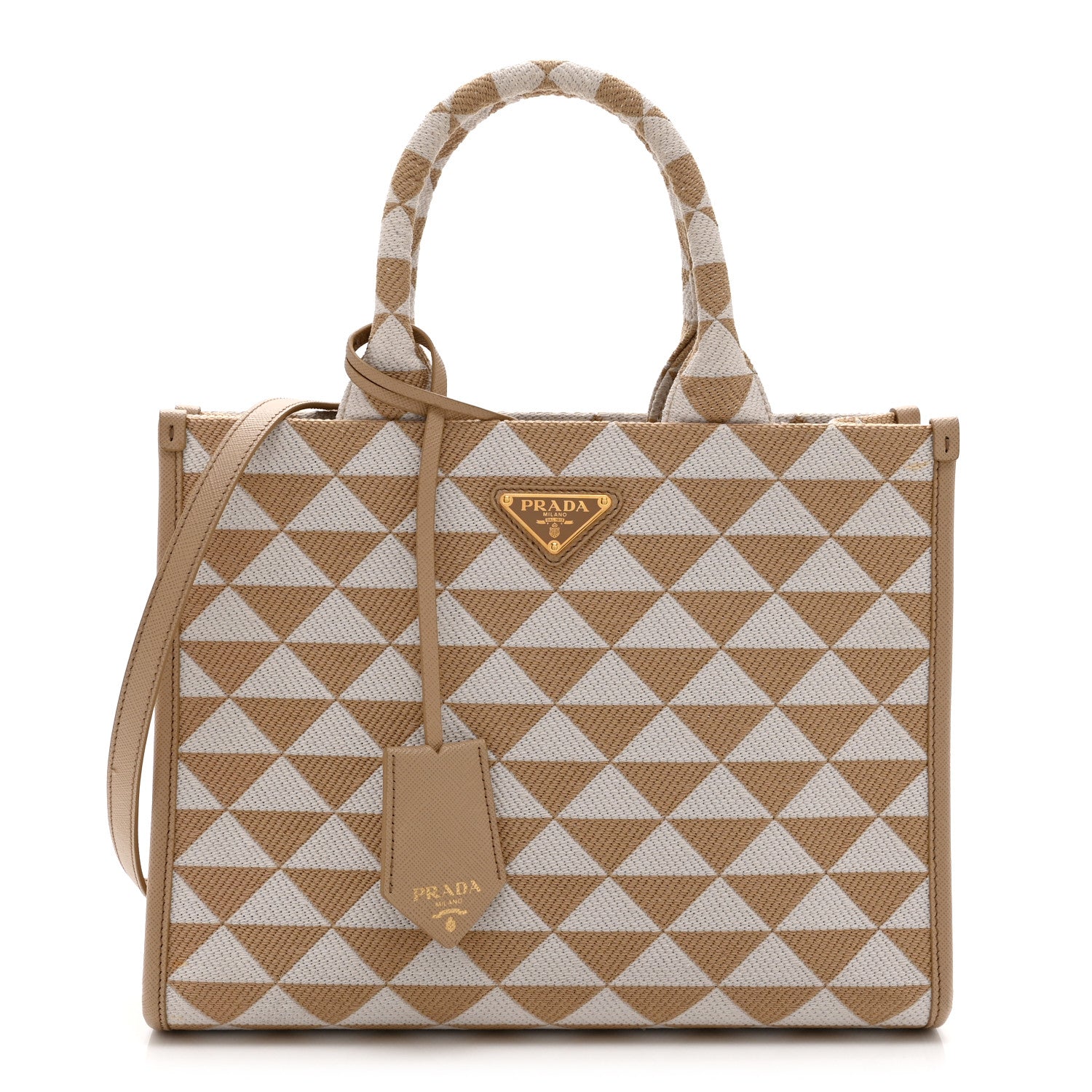 Jacquard Saffiano Triangolo Symbole Embroidered Small Tote Corda Talco
