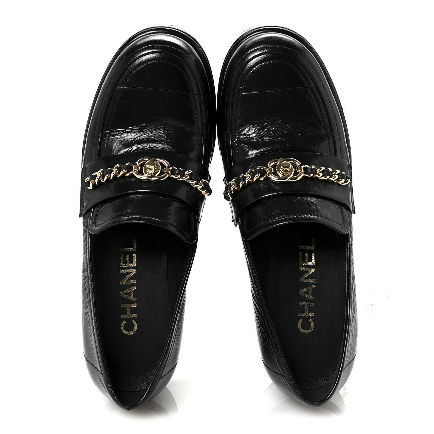 Shiny Calfskin Logo Platform Loafers 37.5 Black