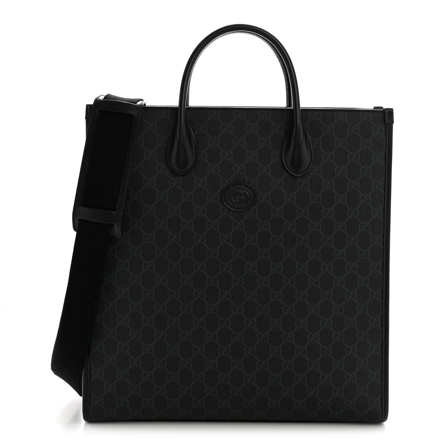 GG Supreme Monogram Azalea Calfskin Web Medium Retro Interlocking G Vertical Tote Bag Black