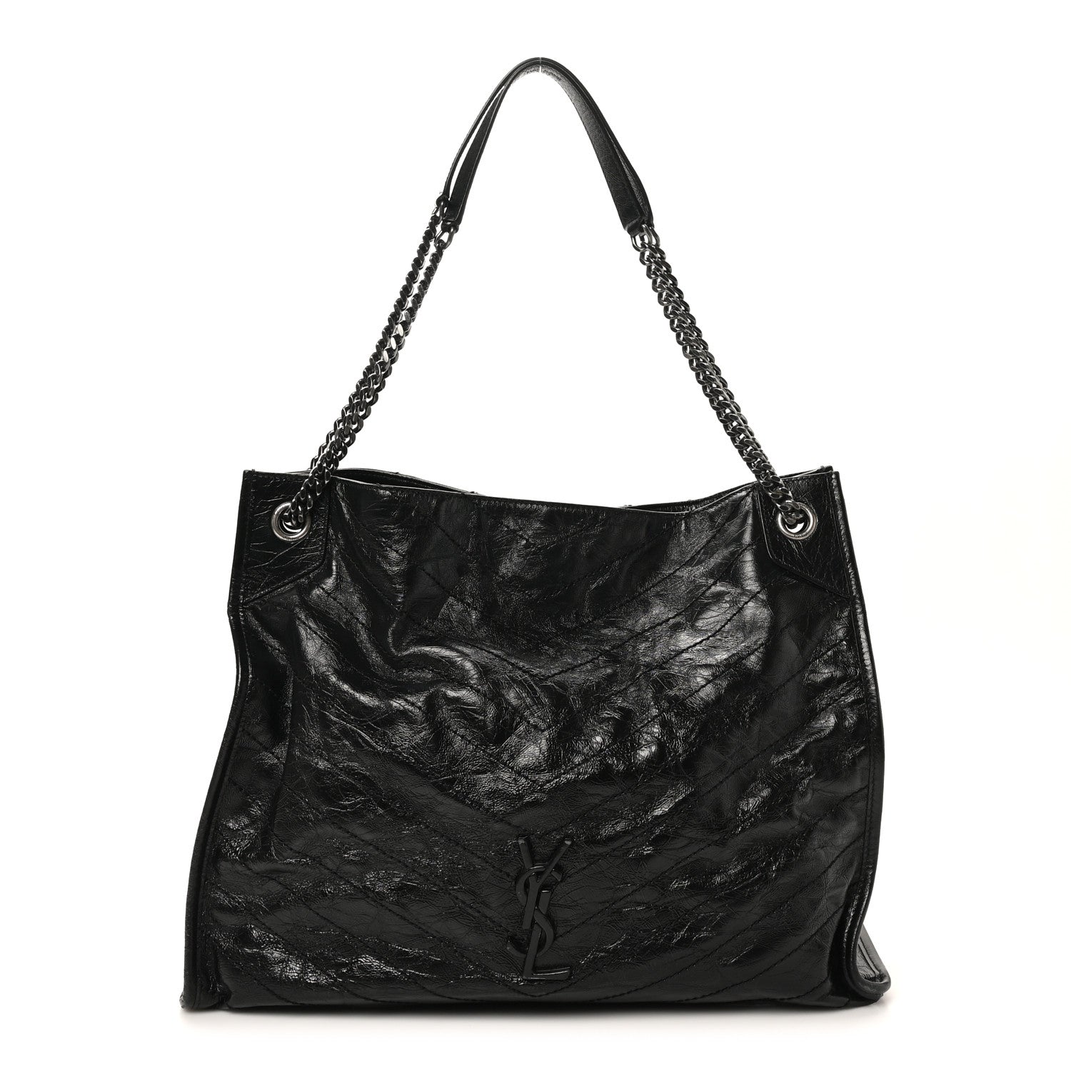 Crinkled Calfskin Matelasse Monogram Large Niki Shopper Tote Black