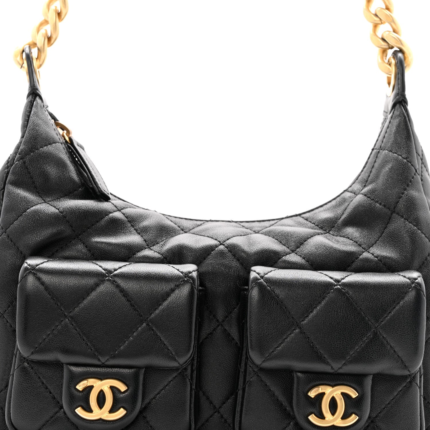 Shiny Lambskin Quilted Trendy Pockets Hobo Black