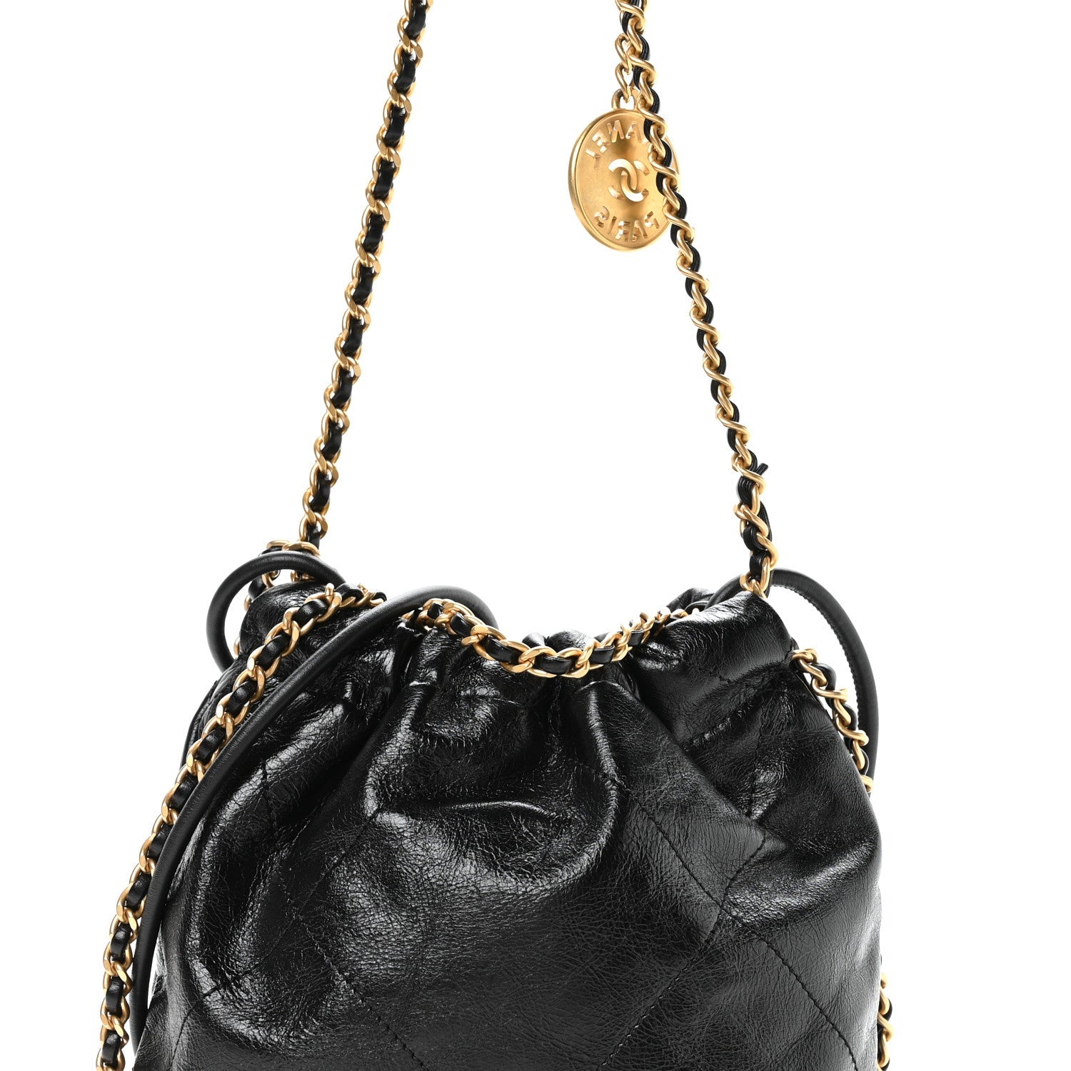 Shiny Crumpled Calfskin Quilted Pearl Mini Chanel 22 Black