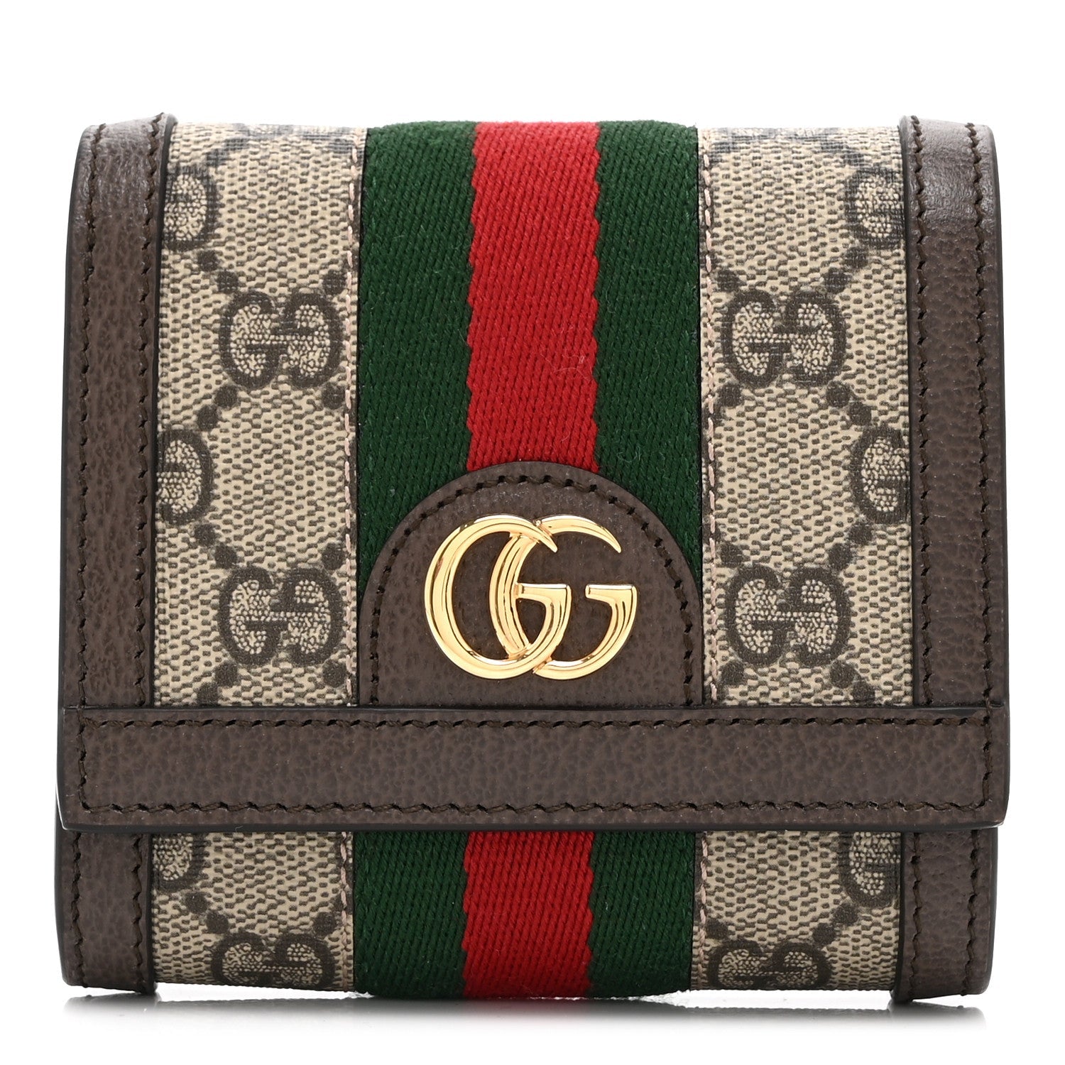 GG Supreme Monogram Textured Calfskin Web Ophidia Card Case Wallet Beige Ebony New Acero