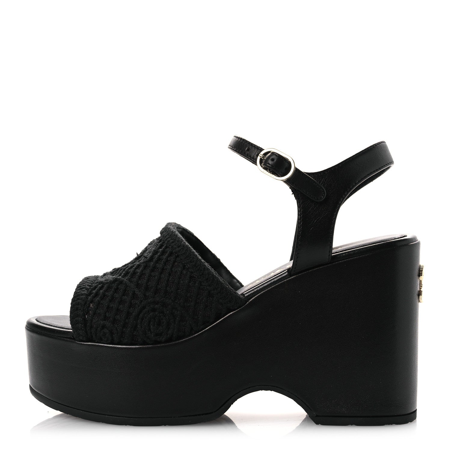 Fabric Calfskin CC Platform Sandals 36 Black