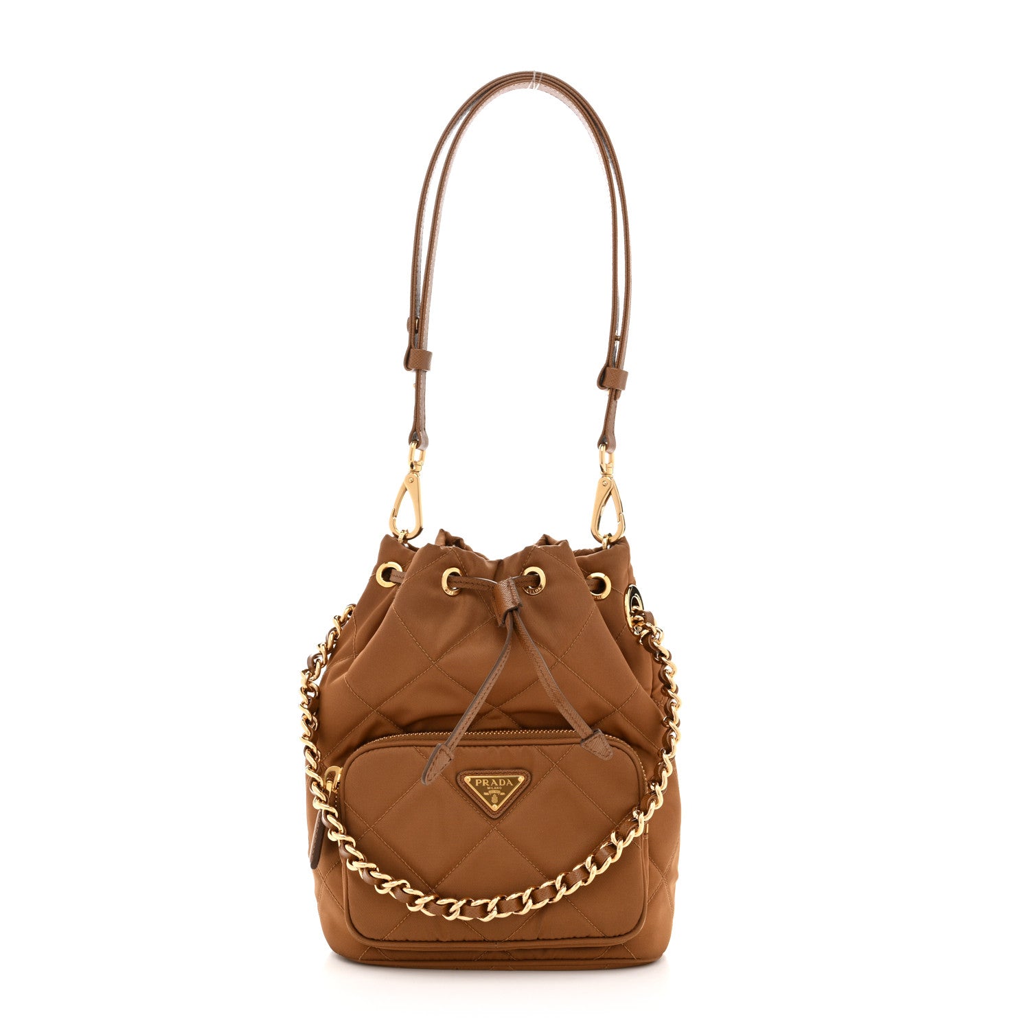 Re-Nylon Saffiano Stitched Re-Edition 1995 Chaine Drawstring Bucket Bag Brandy