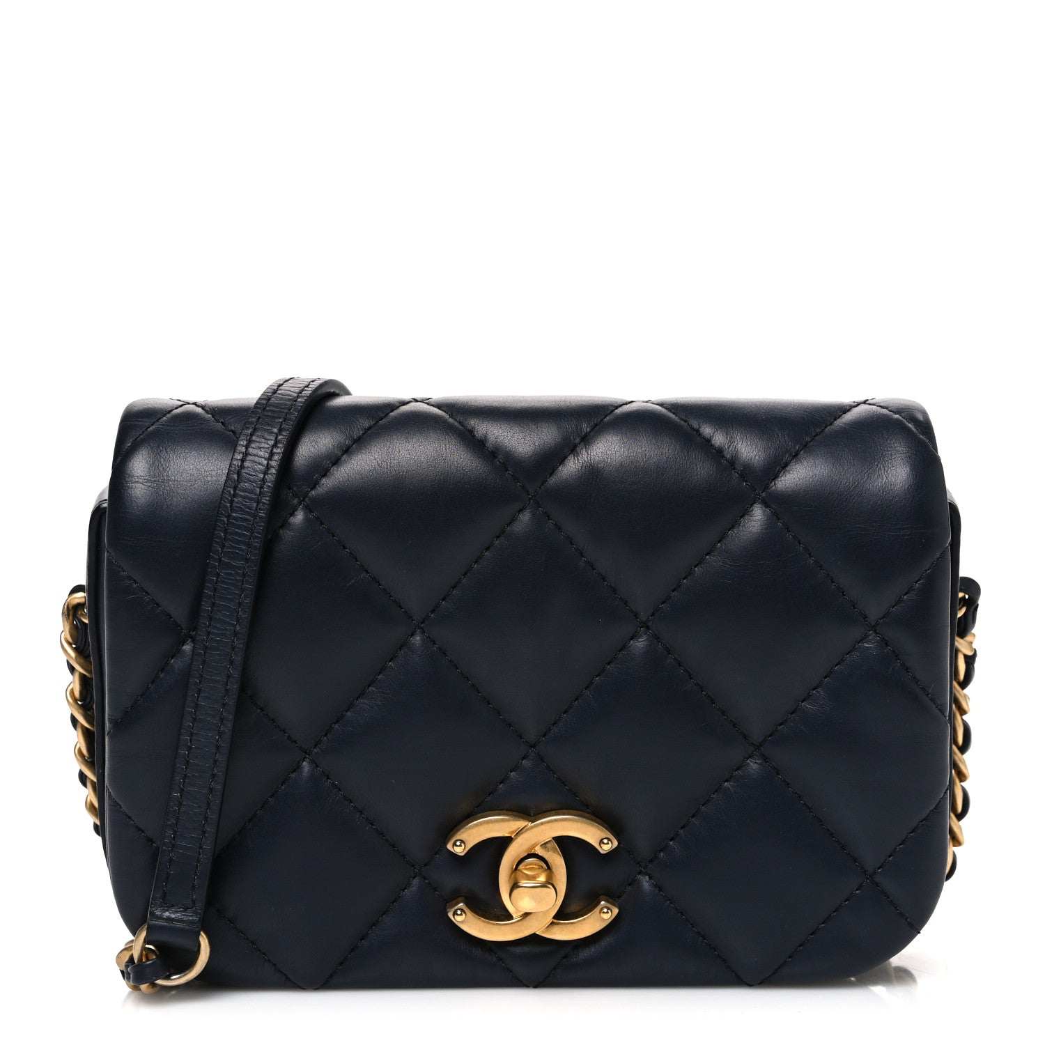 Calfskin Quilted Mini Nailed CC Flap Bag Blue