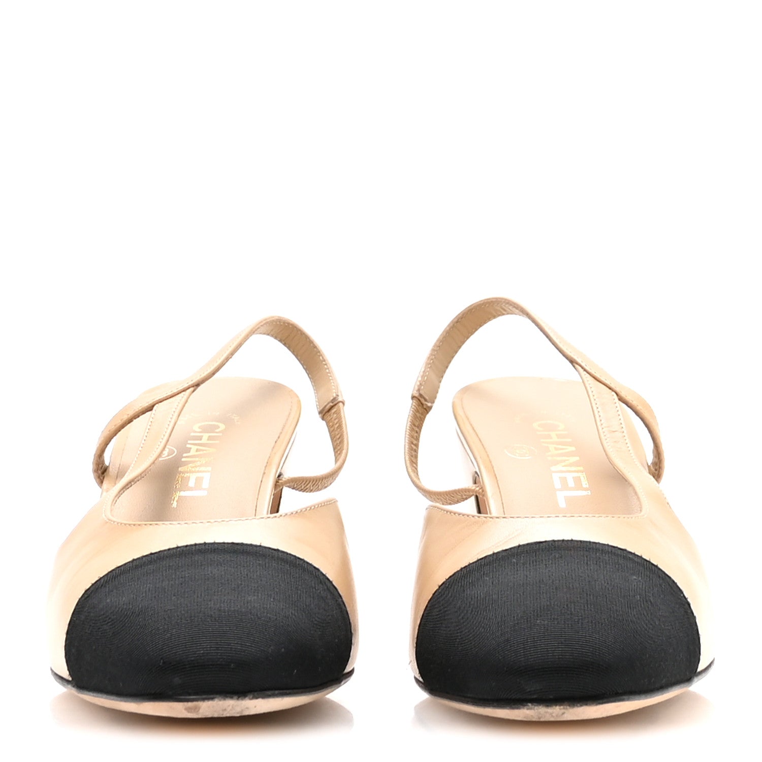 Goatskin Grosgrain Cap Toe CC Slingback Pumps 37.5 Beige Black