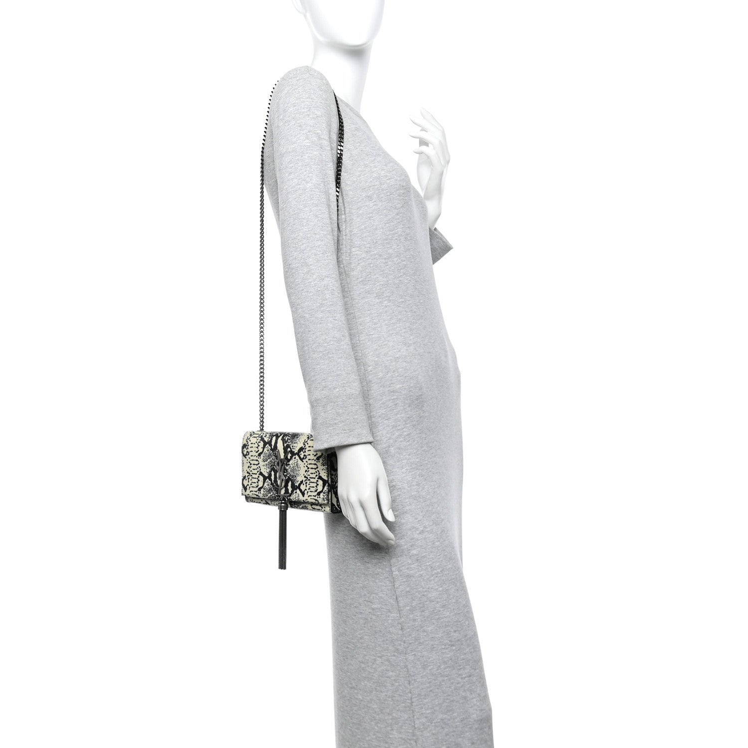 Calfskin Snakeskin Embossed Small Classic Monogram Kate Tassel Satchel White Black