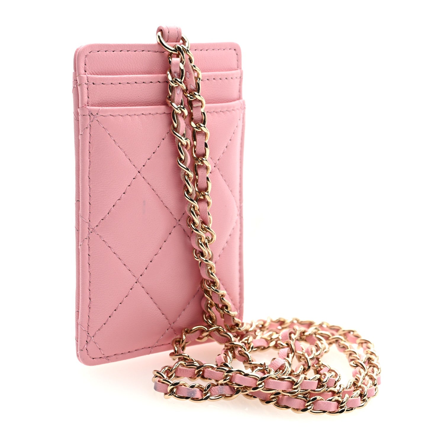 Lambskin Quilted Chanel Card Holder On Chain Pink
