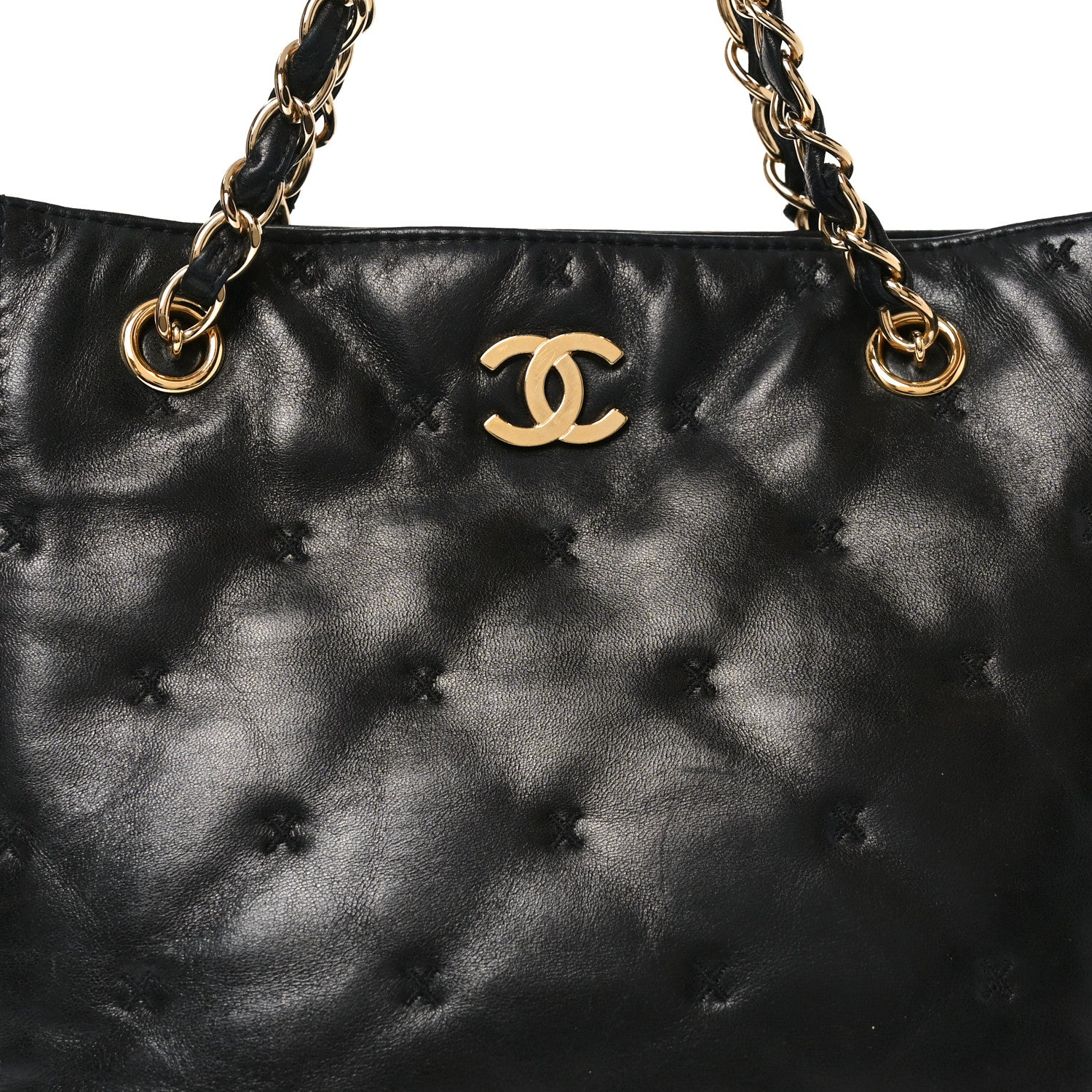 Lambskin Cross Stitch Shopper Tote Black