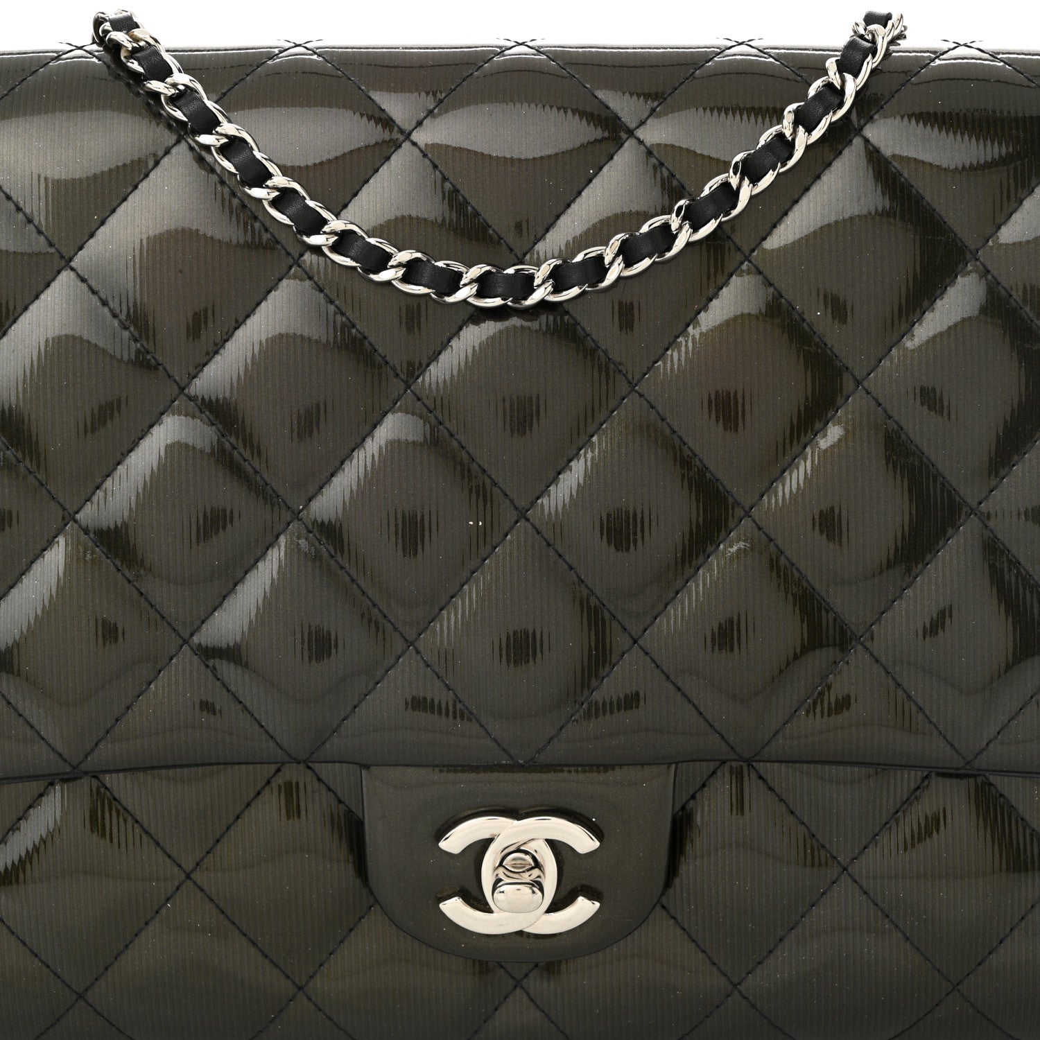 Striated Patent Quilted Clutch With Chain Flap Dark Grey