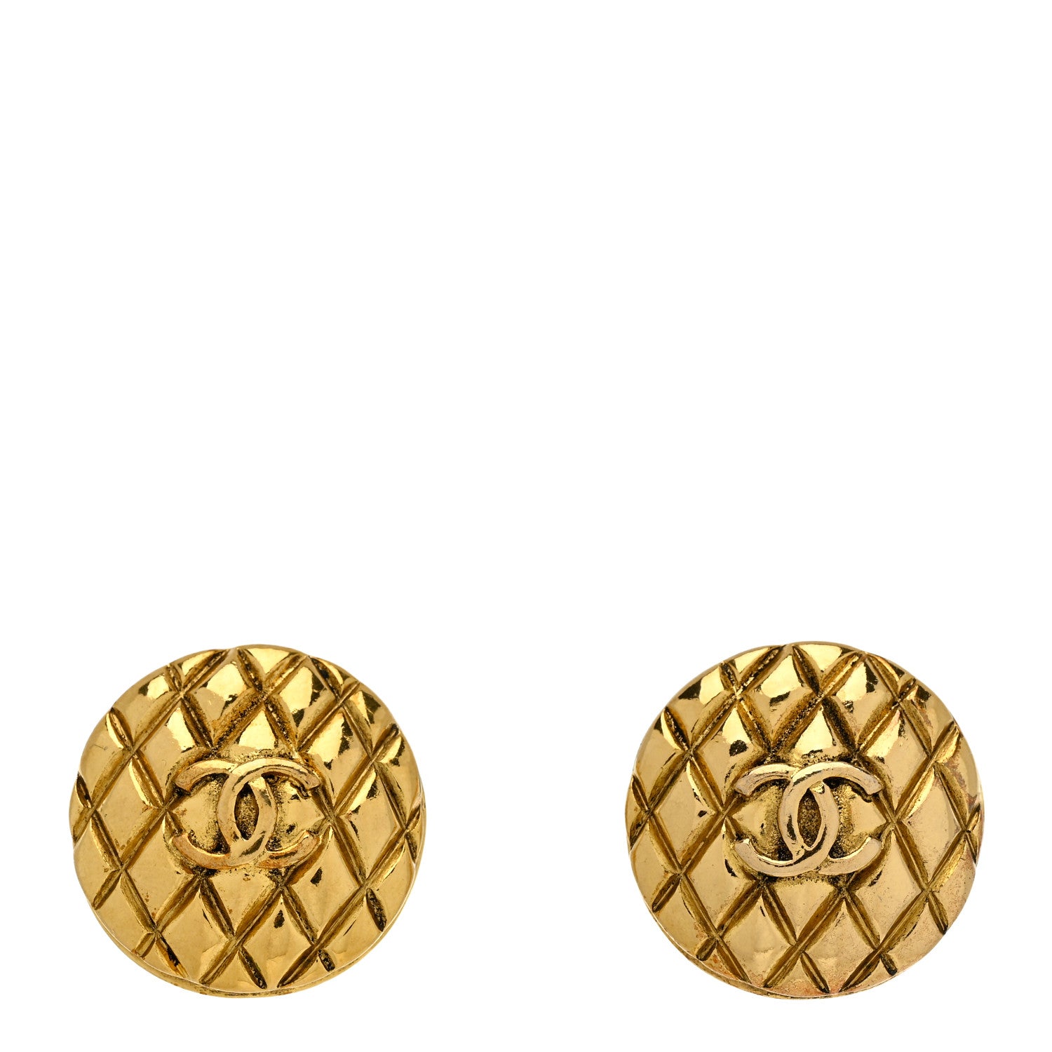 Metal Quilted Round CC Clip On Earrings Gold