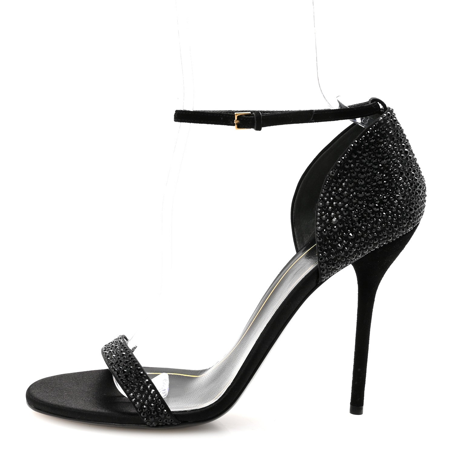 Suede Satin Crystal Ankle Strap High Heel Sandals 39.5 Black
