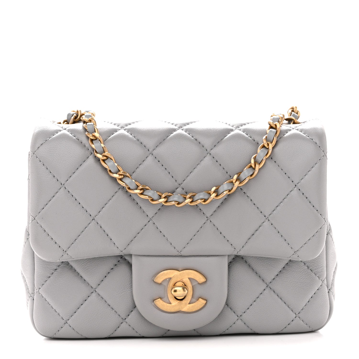 Lambskin Quilted Mini Pearl Crush Flap Light Grey