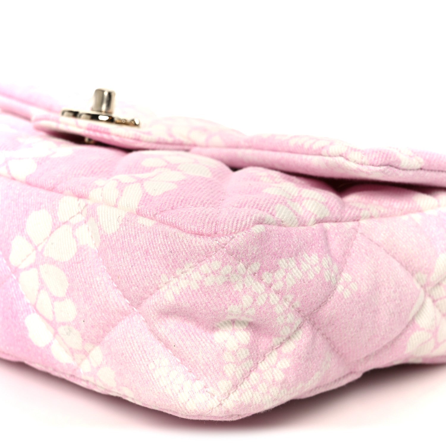 Printed Denim Quilted Flap Bag Pink White