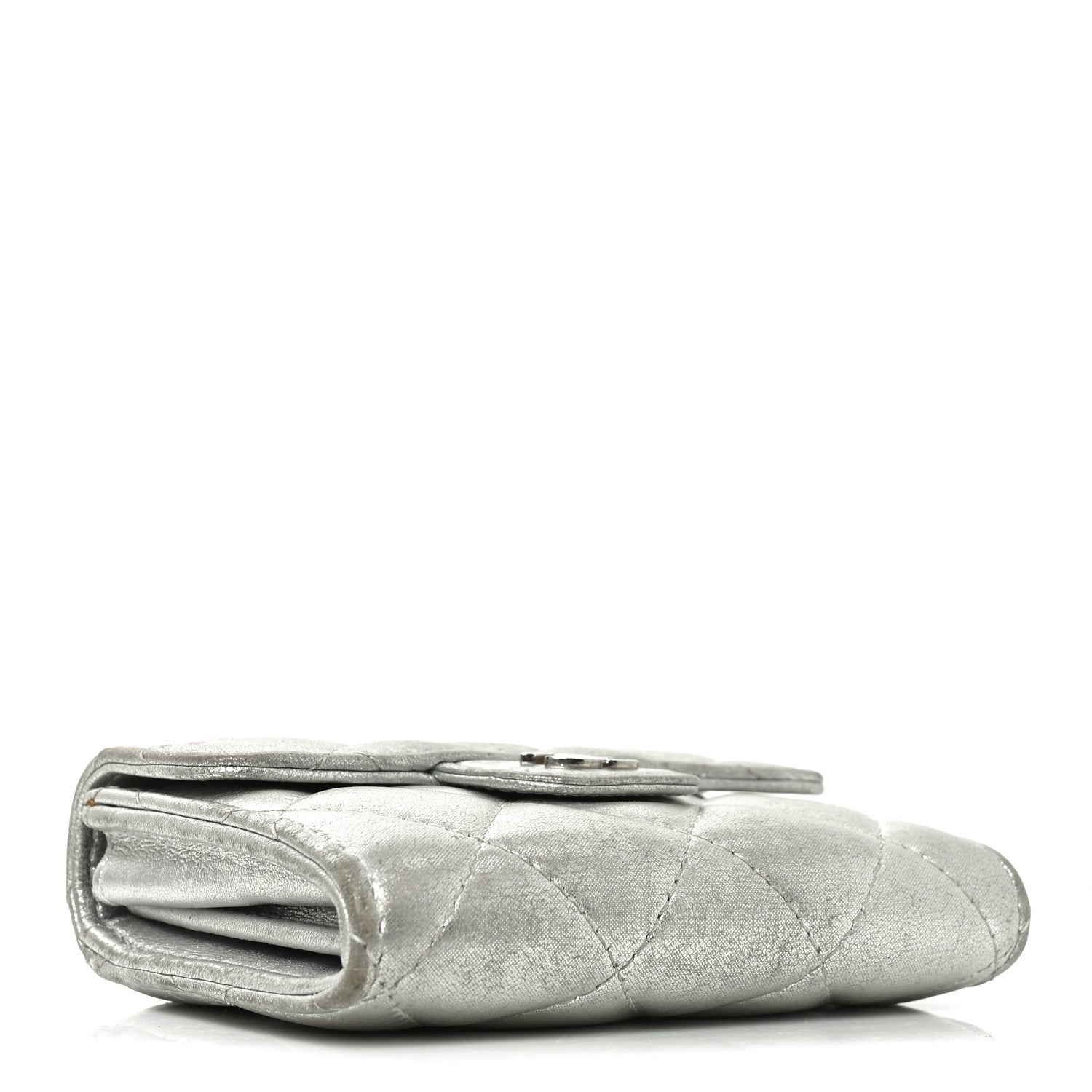 Metallic Lambskin Quilted Flap Card Holder Wallet Silver